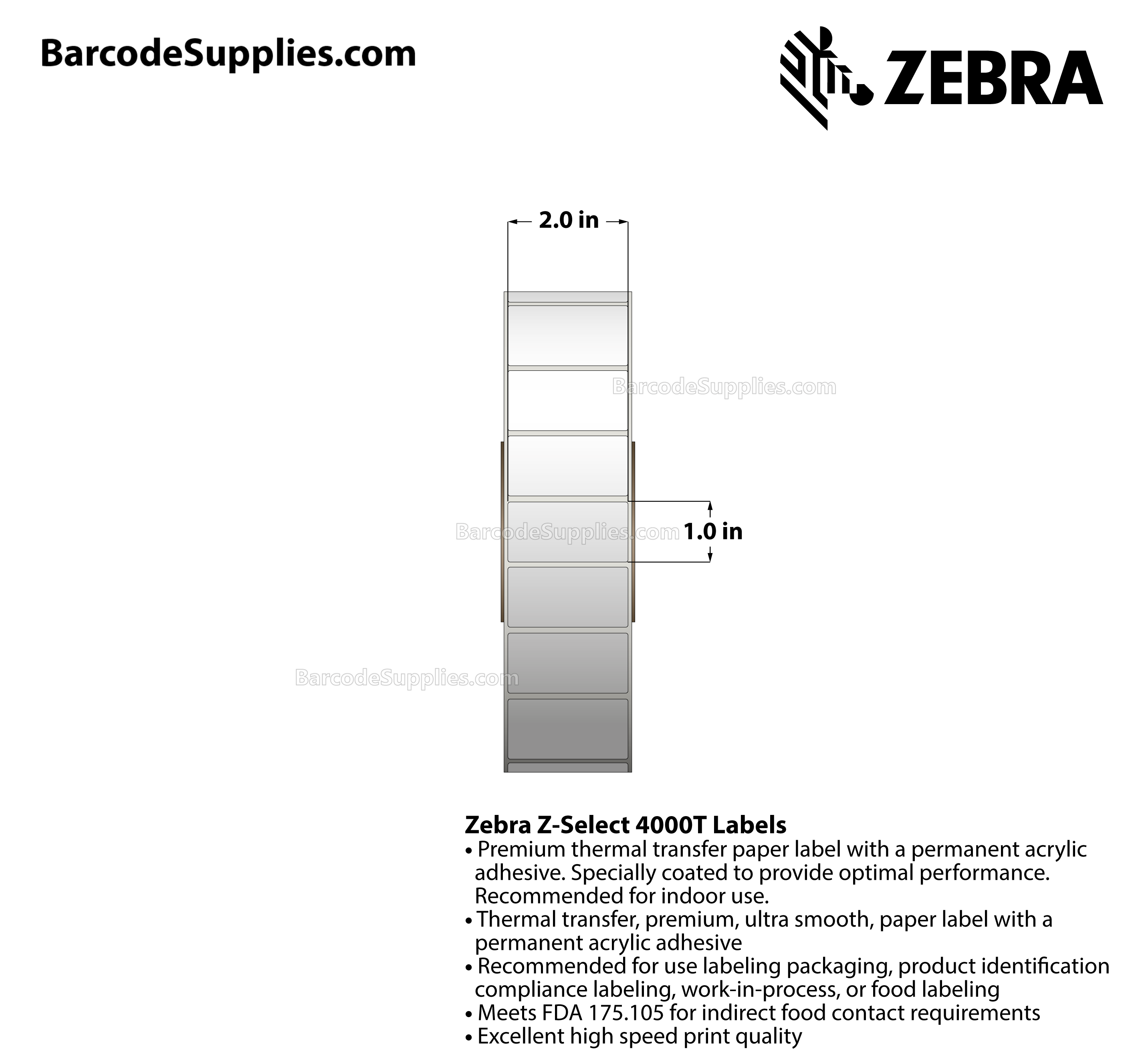 2 x 1 Thermal Transfer White Z-Select 4000T Labels With Permanent Adhesive - Not Perforated - 5180 Labels Per Roll - Carton Of 10 Rolls - 51800 Labels Total - MPN: 72281