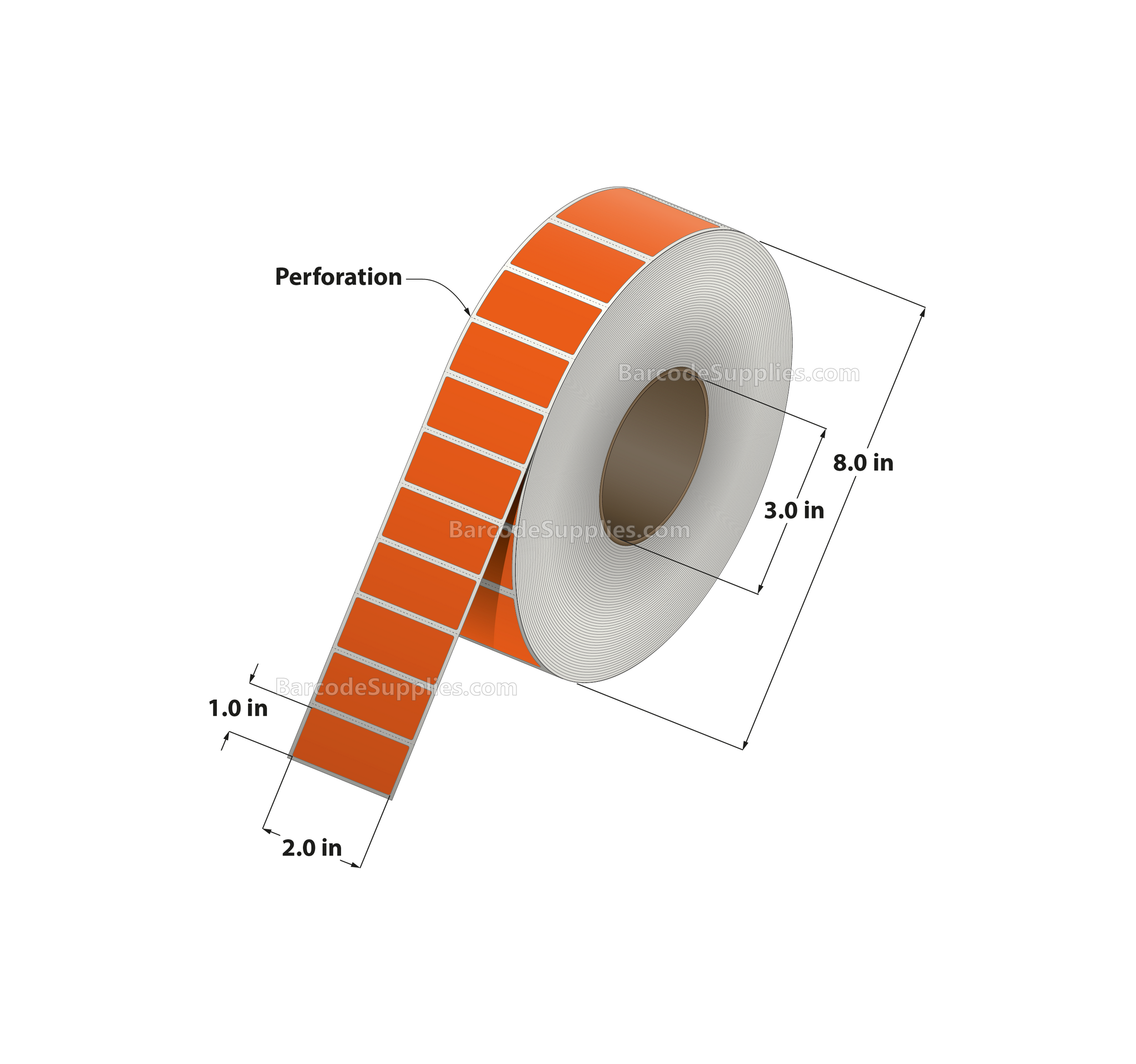 2 x 1 Thermal Transfer 1495 Orange Labels With Permanent Adhesive - Perforated - 5500 Labels Per Roll - Carton Of 8 Rolls - 44000 Labels Total - MPN: RFC-2-1-5500-OR