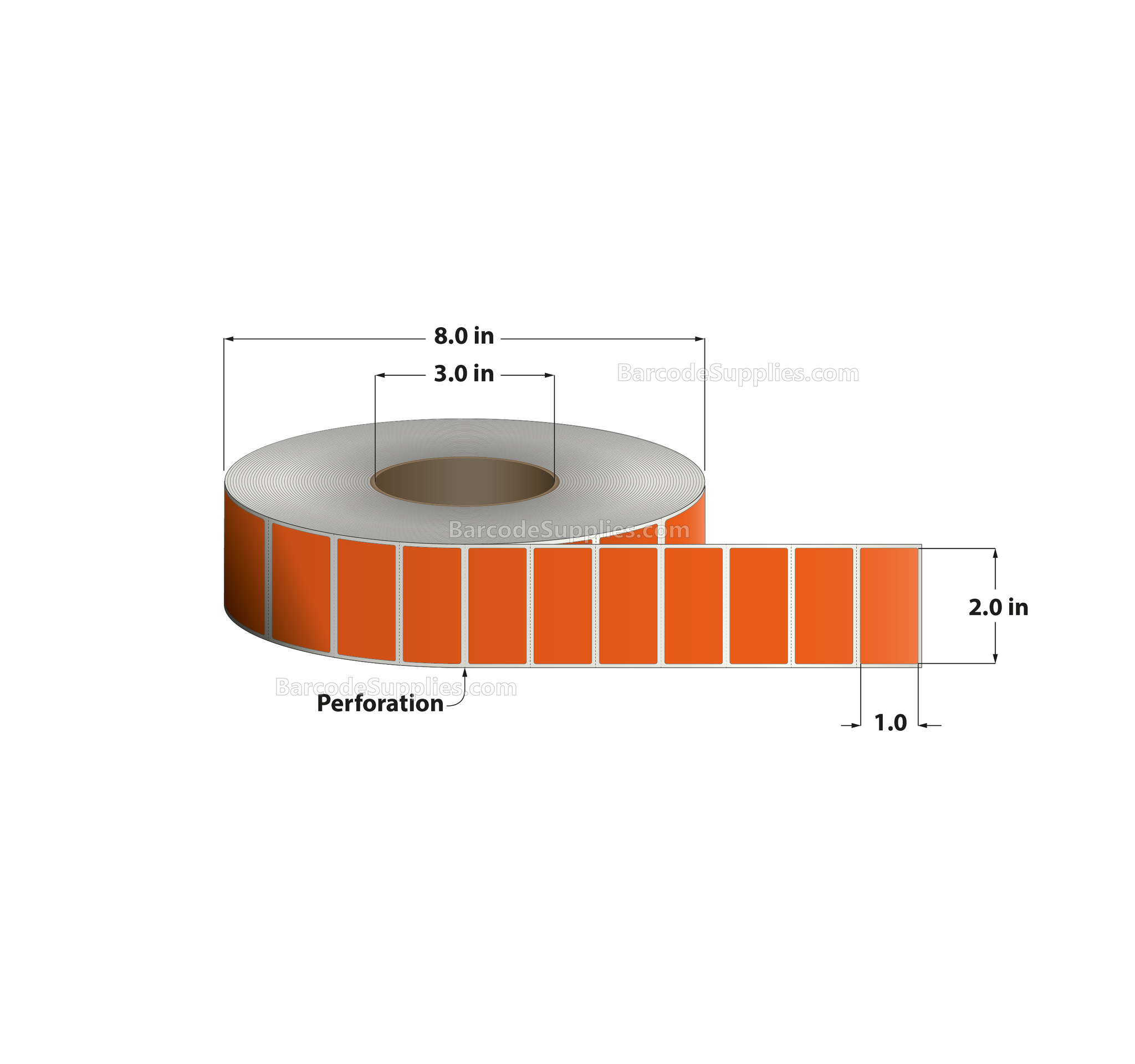 2 x 1 Thermal Transfer 1495 Orange Labels With Permanent Adhesive - Perforated - 5500 Labels Per Roll - Carton Of 8 Rolls - 44000 Labels Total - MPN: RFC-2-1-5500-OR
