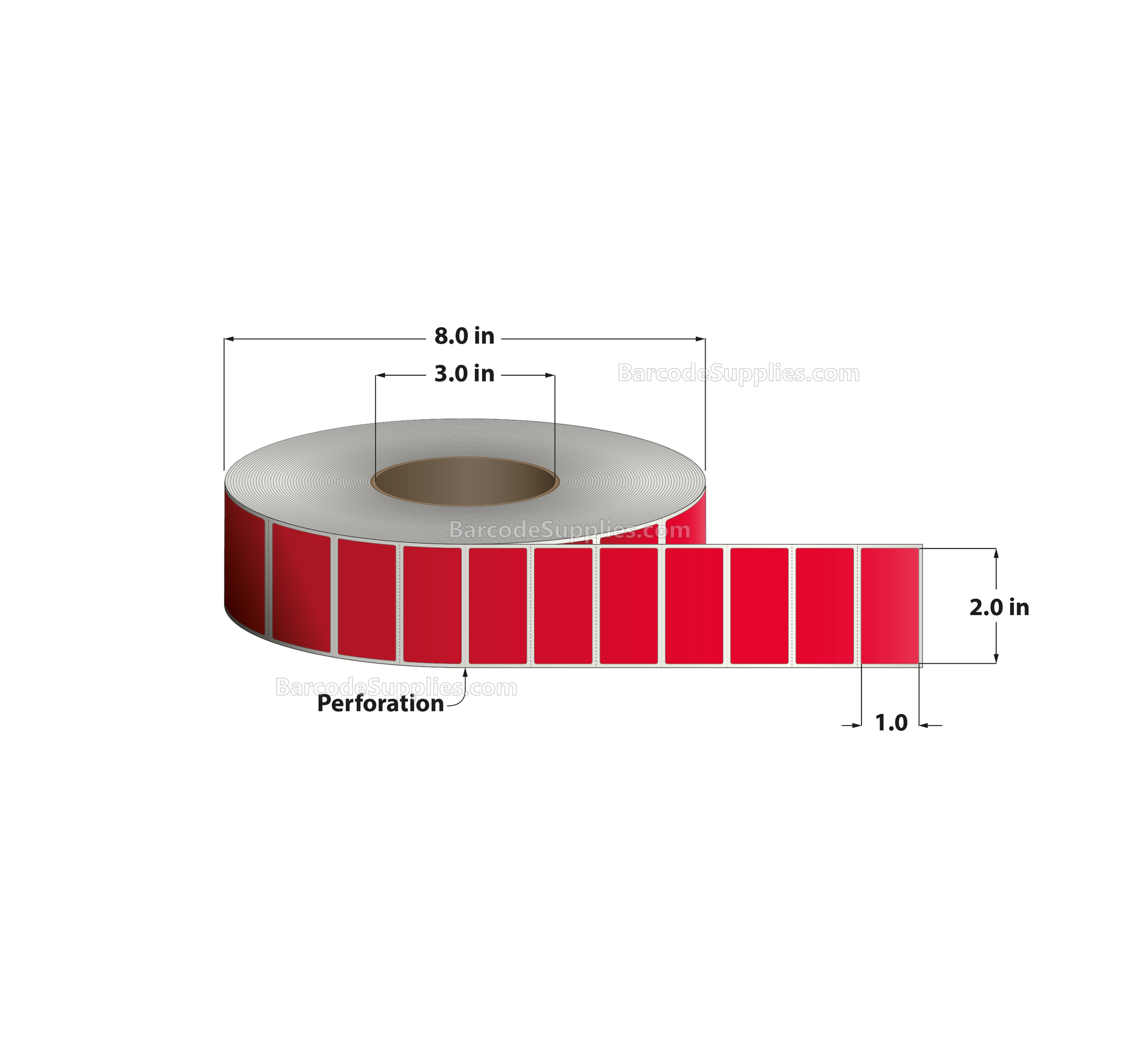2 x 1 Thermal Transfer 032 Red Labels With Permanent Adhesive - Perforated - 5500 Labels Per Roll - Carton Of 8 Rolls - 44000 Labels Total - MPN: RFC-2-1-5500-RD
