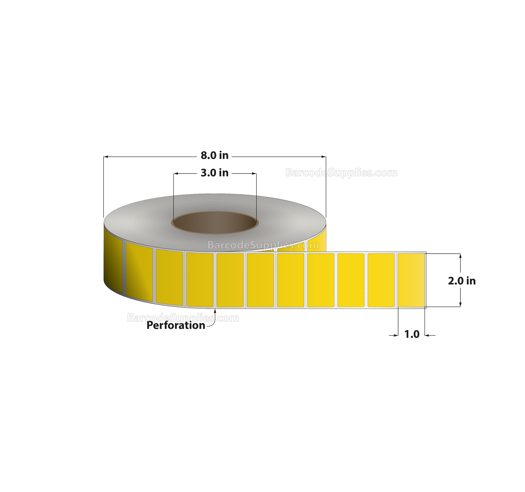 2 x 1 Thermal Transfer Pantone Yellow Labels With Permanent Adhesive - Perforated - 5500 Labels Per Roll - Carton Of 8 Rolls - 44000 Labels Total - MPN: RFC-2-1-5500-YL