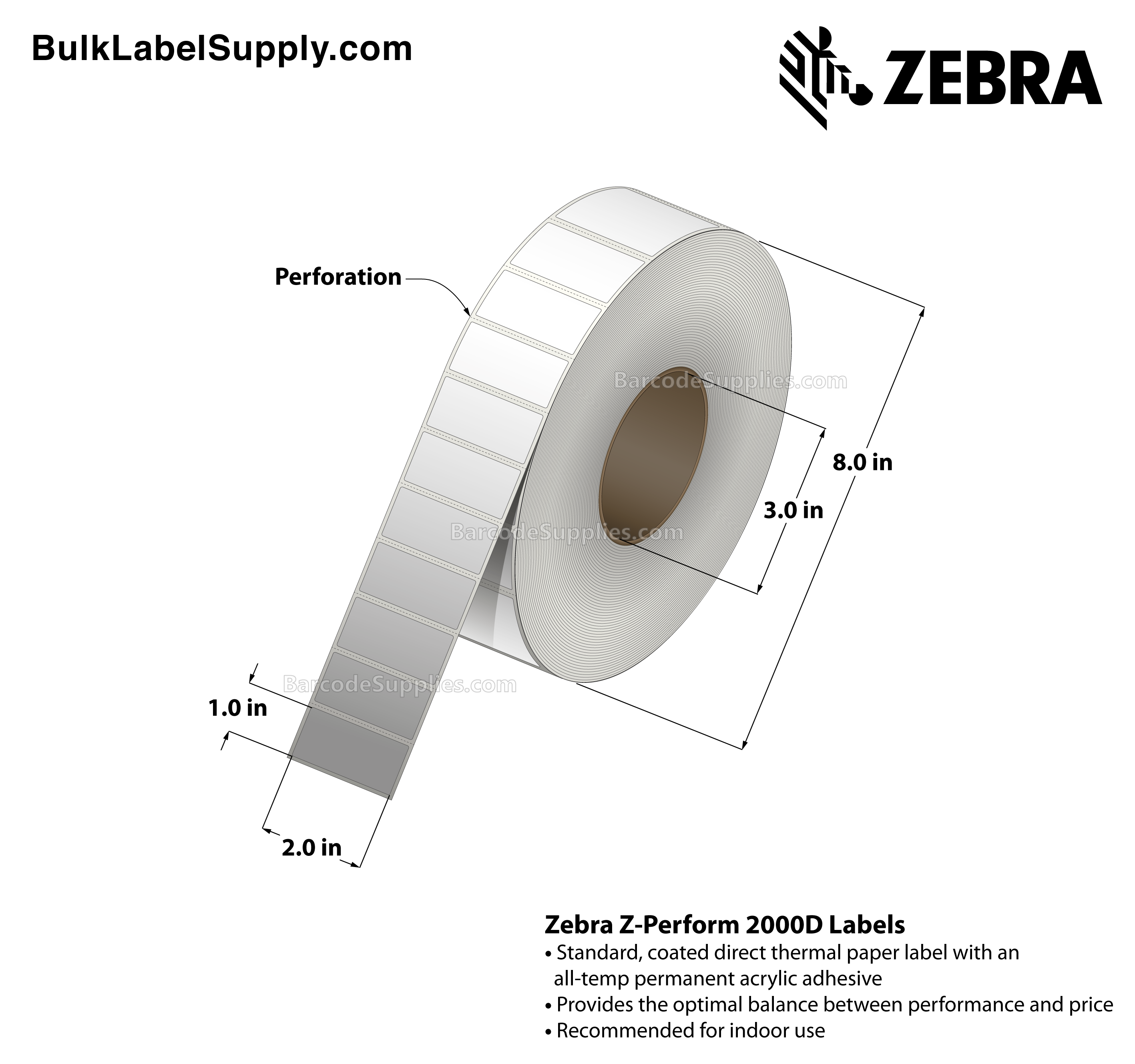 2 x 1 Direct Thermal White Z-Perform 2000D Labels With All-Temp Adhesive - Perforated - 5500 Labels Per Roll - Carton Of 8 Rolls - 44000 Labels Total - MPN: 10000298