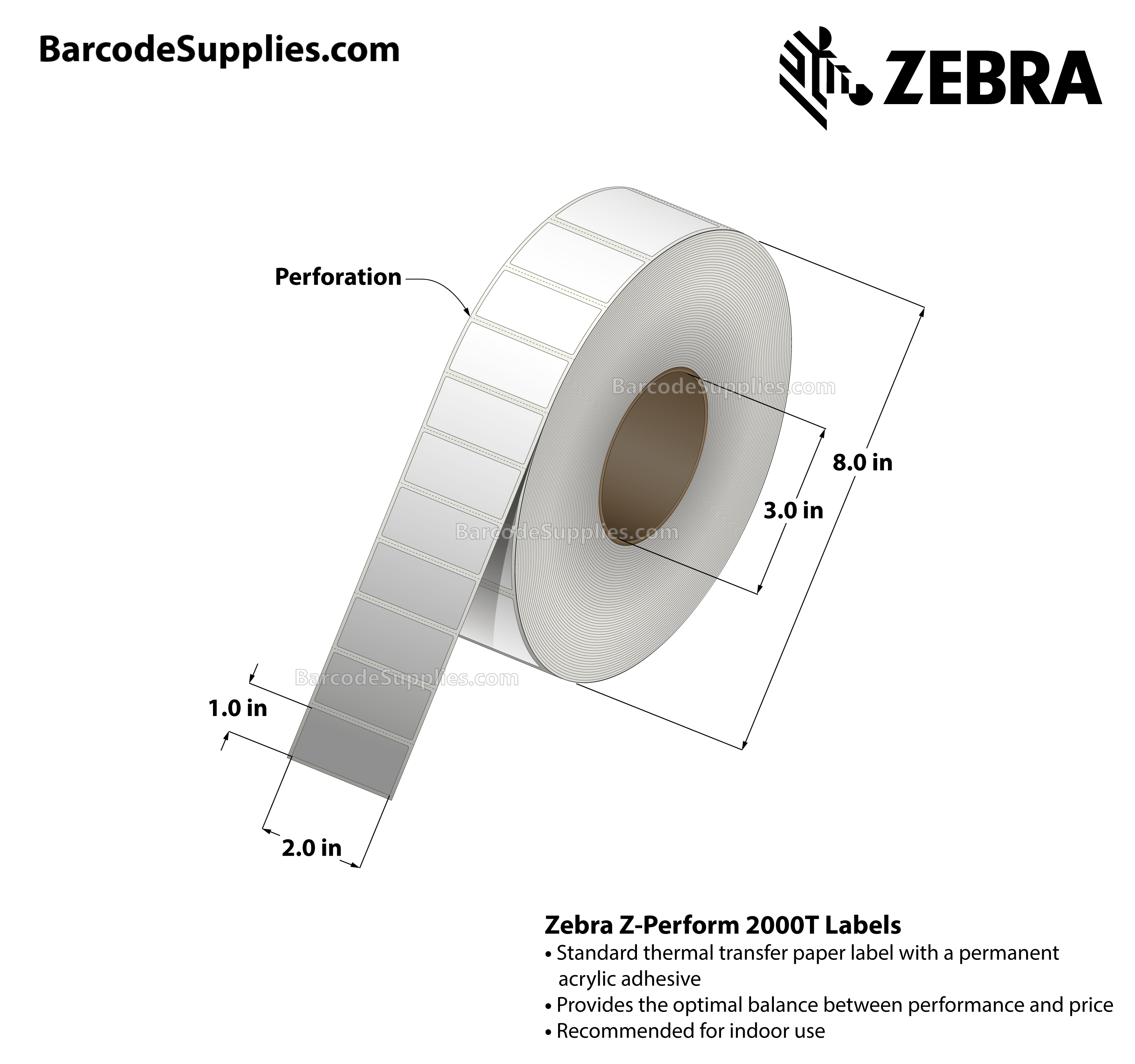 2 x 1 Thermal Transfer White Z-Perform 2000T Labels With Permanent Adhesive - Perforated - 5500 Labels Per Roll - Carton Of 10 Rolls - 55000 Labels Total - MPN: 10000288