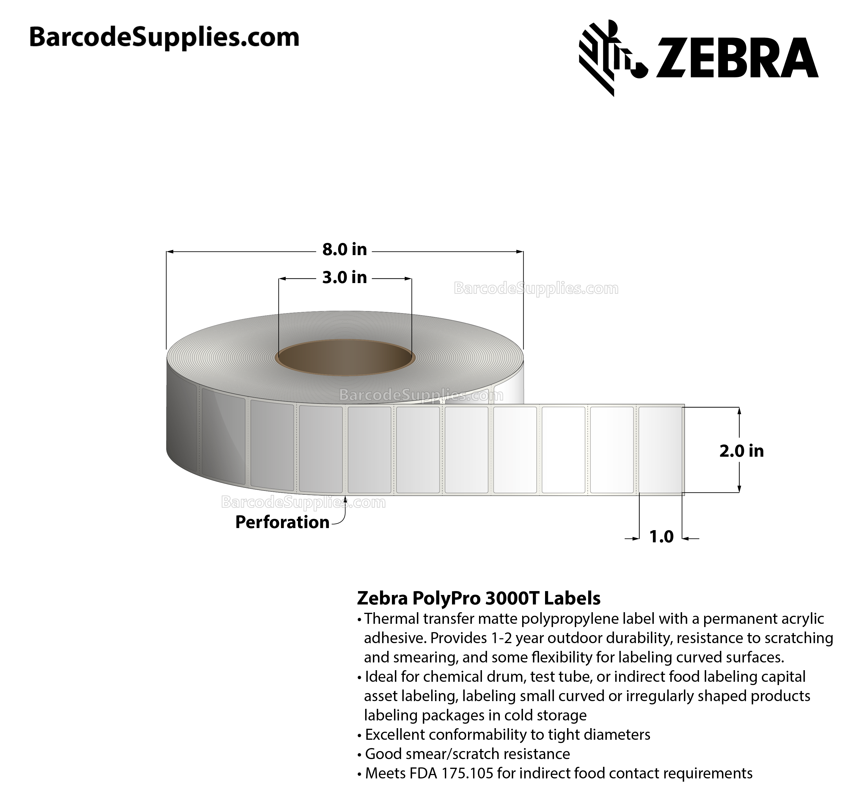 2 x 1 Thermal Transfer White PolyPro 3000T Labels With Permanent Adhesive - Perforated - 2000 Labels Per Roll - Carton Of 1 Rolls - 2000 Labels Total - MPN: 10023335