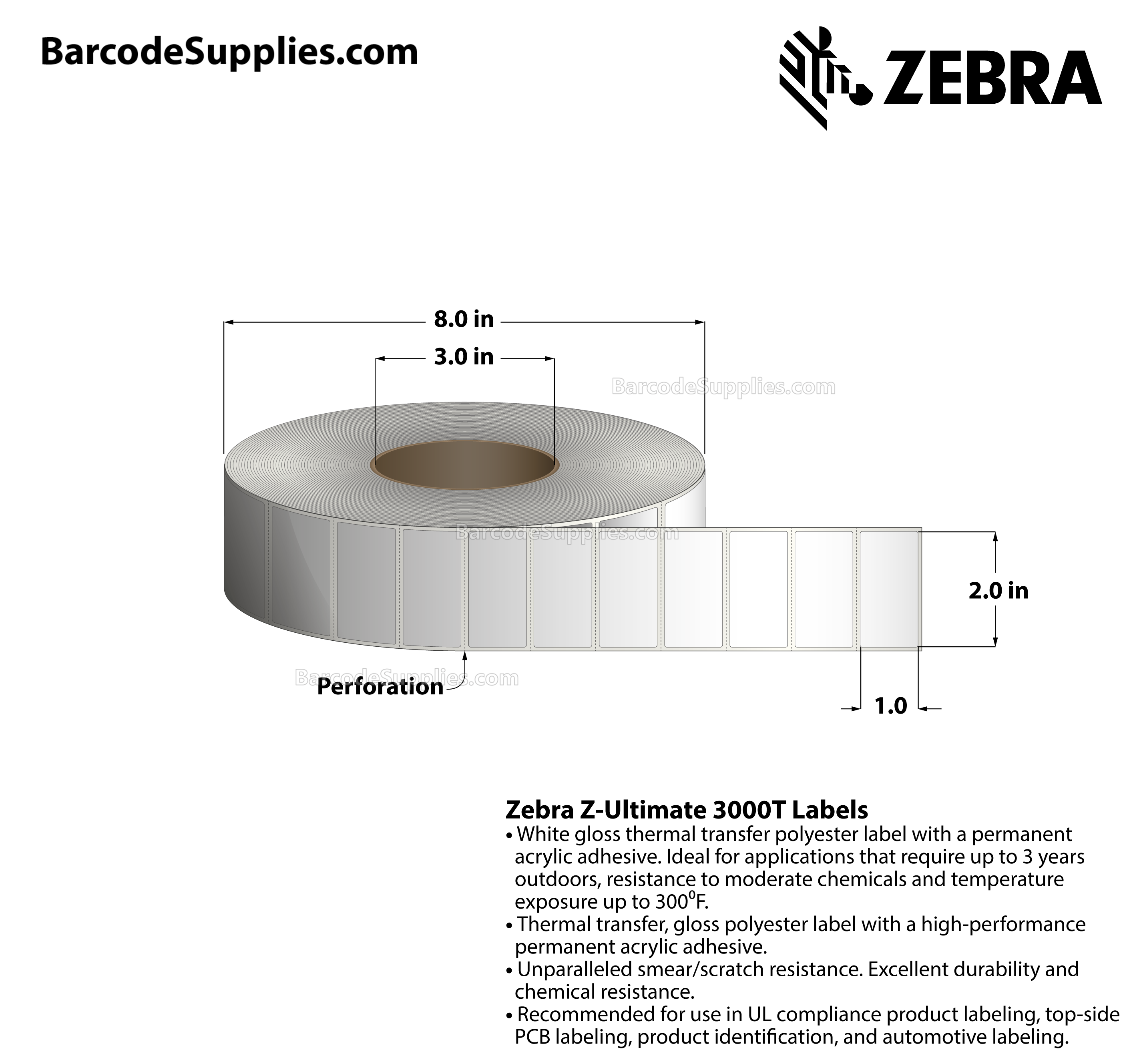Products 2 x 1 Thermal Transfer White Z-Ultimate 3000T Labels With Permanent Adhesive - Perforated - 5570 Labels Per Roll - Carton Of 4 Rolls - 22280 Labels Total - MPN: 10011697