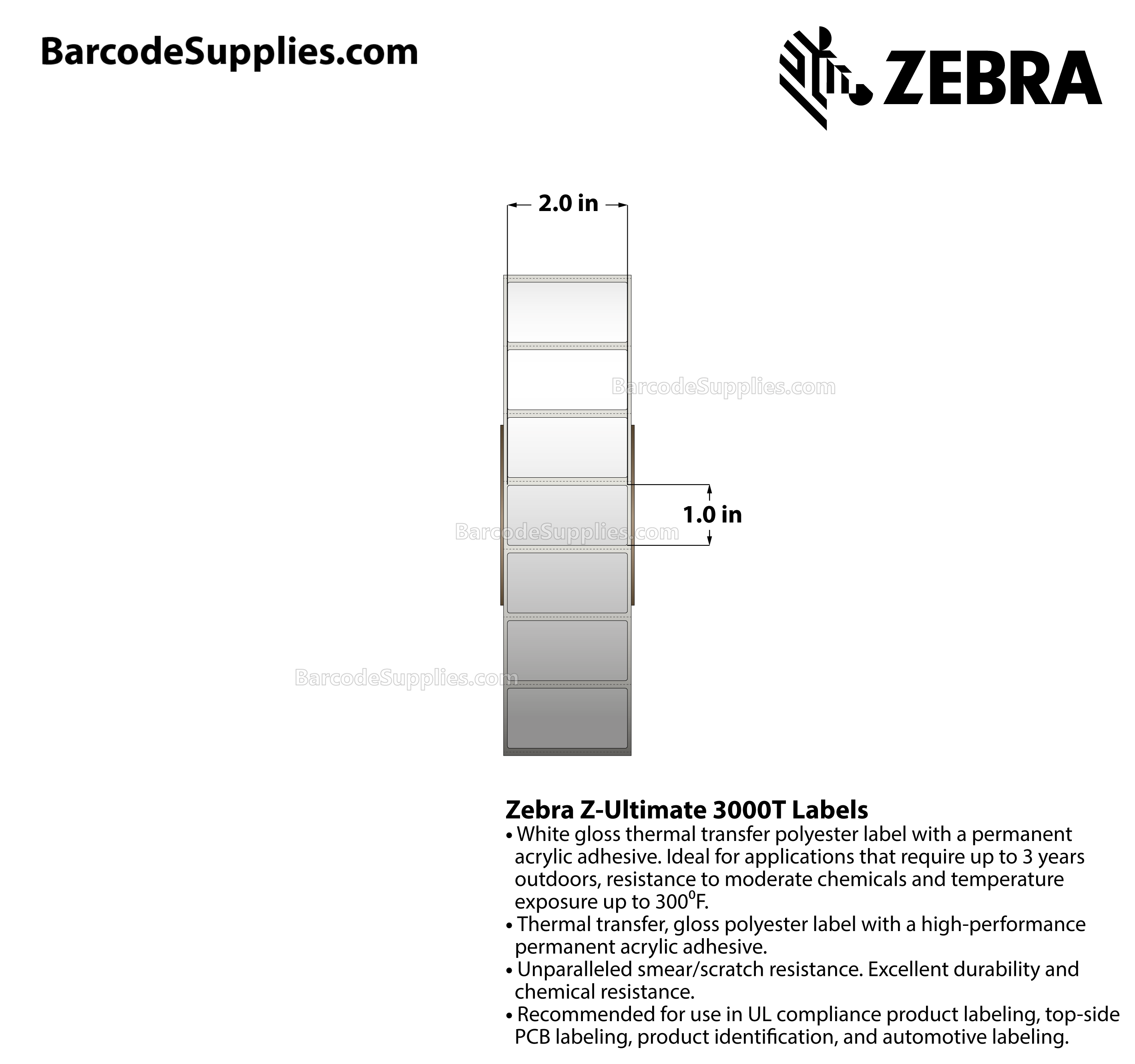 Products 2 x 1 Thermal Transfer White Z-Ultimate 3000T Labels With Permanent Adhesive - Perforated - 5570 Labels Per Roll - Carton Of 4 Rolls - 22280 Labels Total - MPN: 10011697