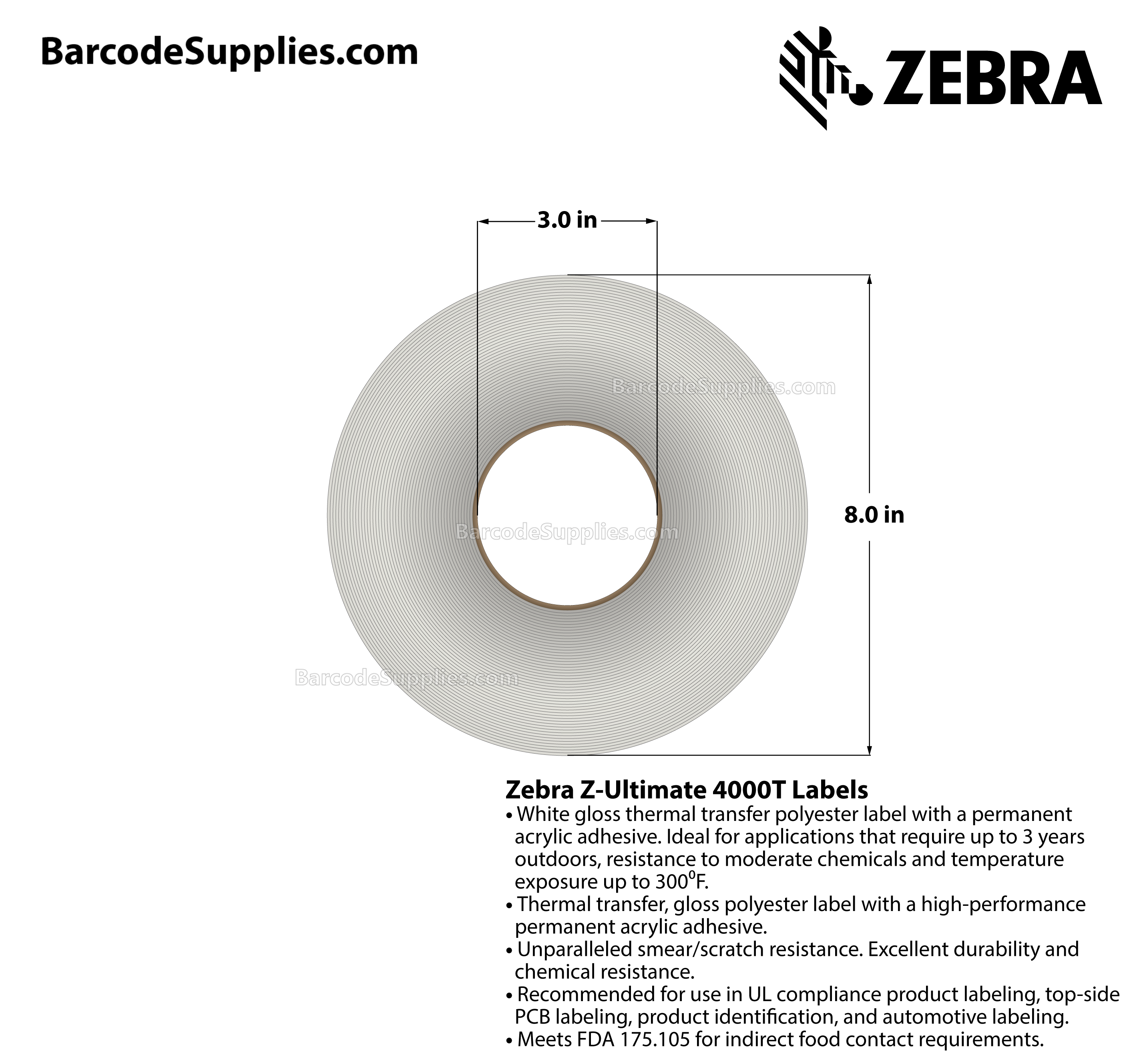 2 x 1 Thermal Transfer White Z-Ultimate 4000T Labels With Permanent Adhesive - Perforated - 5570 Labels Per Roll - Carton Of 4 Rolls - 22280 Labels Total - MPN: 10011708