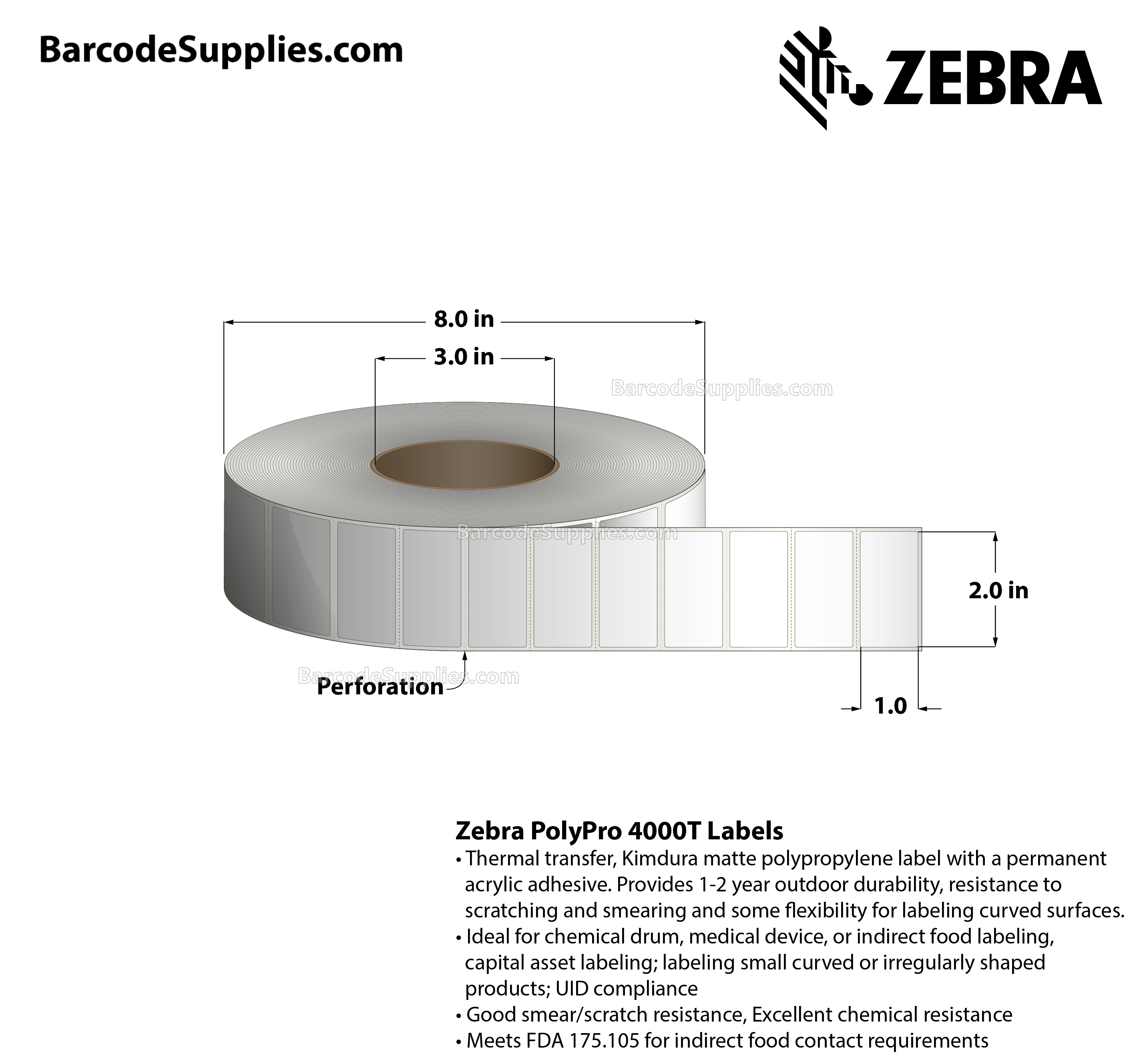 2 x 1 Thermal Transfer White PolyPro 4000T Labels With Permanent Adhesive - Perforated - 3940 Labels Per Roll - Carton Of 4 Rolls - 15760 Labels Total - MPN: 10014716