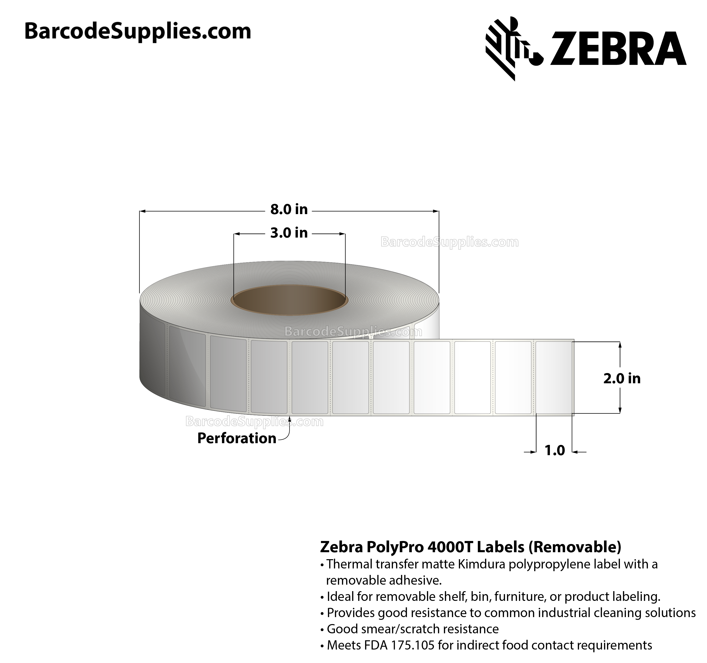 2 x 1 Thermal Transfer White PolyPro 4000T Removable Labels With Removable Adhesive - Perforated - 3000 Labels Per Roll - Carton Of 1 Rolls - 3000 Labels Total - MPN: 10022935