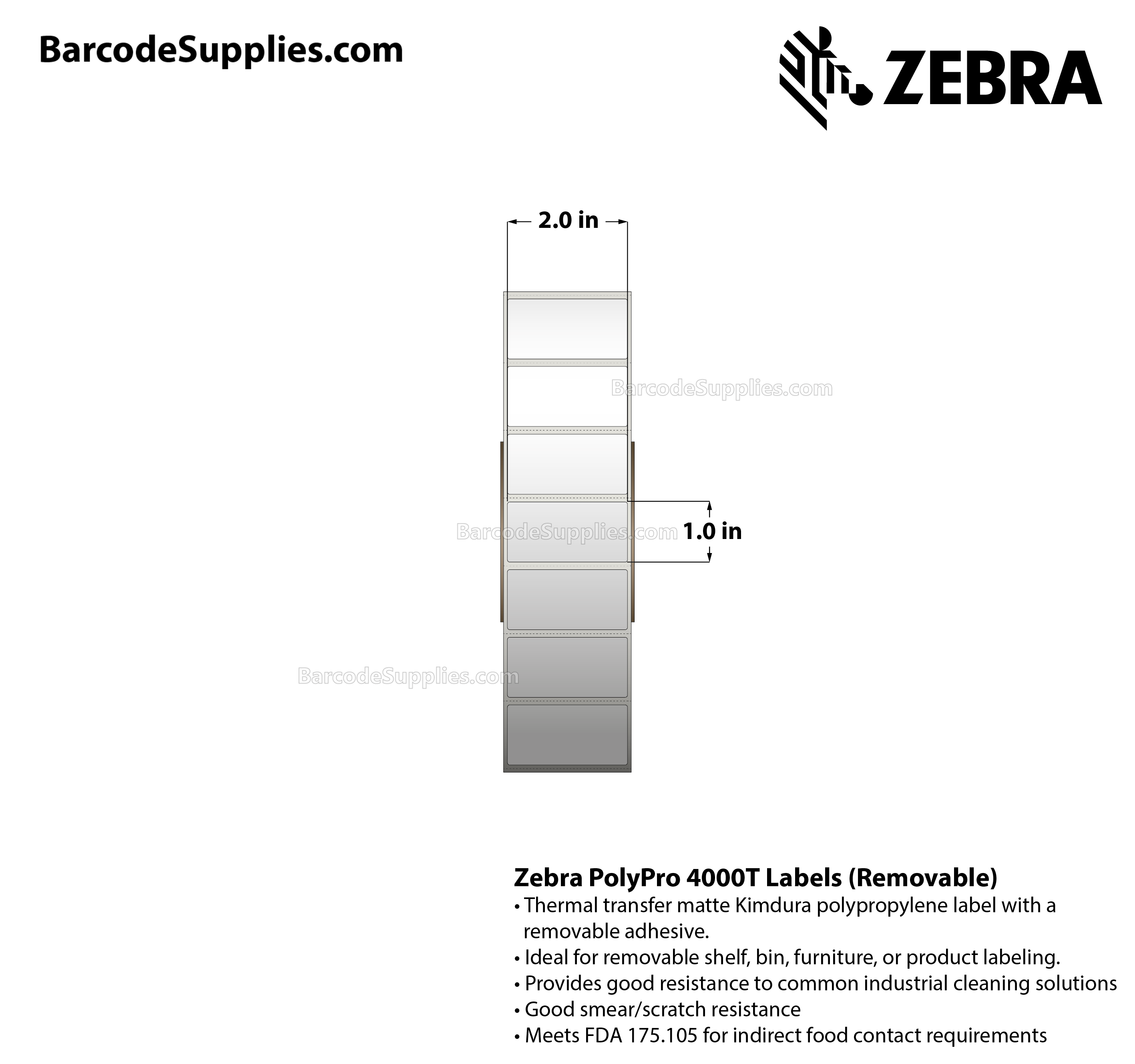 2 x 1 Thermal Transfer White PolyPro 4000T Removable Labels With Removable Adhesive - Perforated - 3000 Labels Per Roll - Carton Of 1 Rolls - 3000 Labels Total - MPN: 10022935