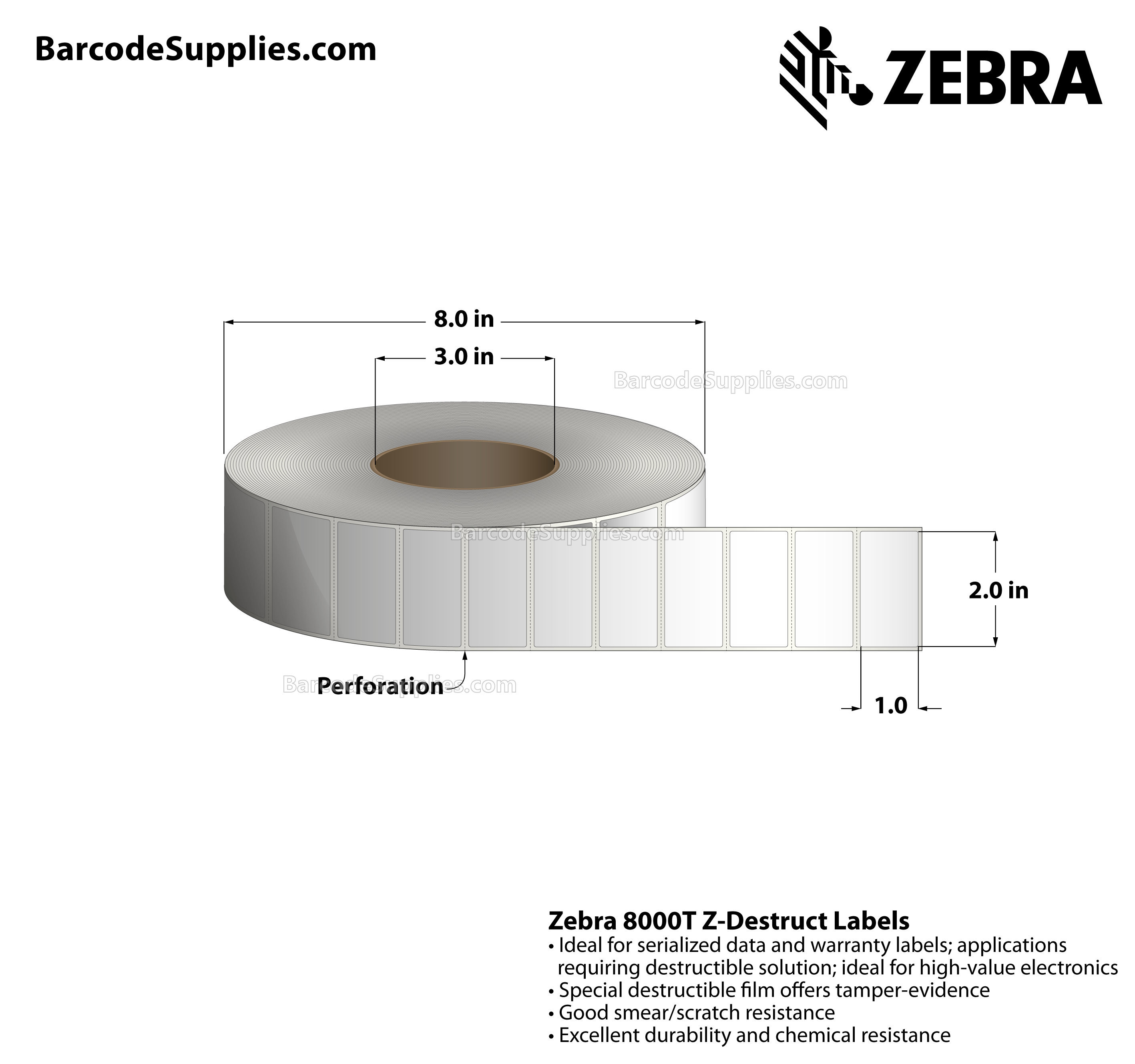 2 x 1 Thermal Transfer White 8000T Z-Destruct Labels With Tamper-evident Adhesive - Perforated - 3000 Labels Per Roll - Carton Of 1 Rolls - 3000 Labels Total - MPN: 10022927
