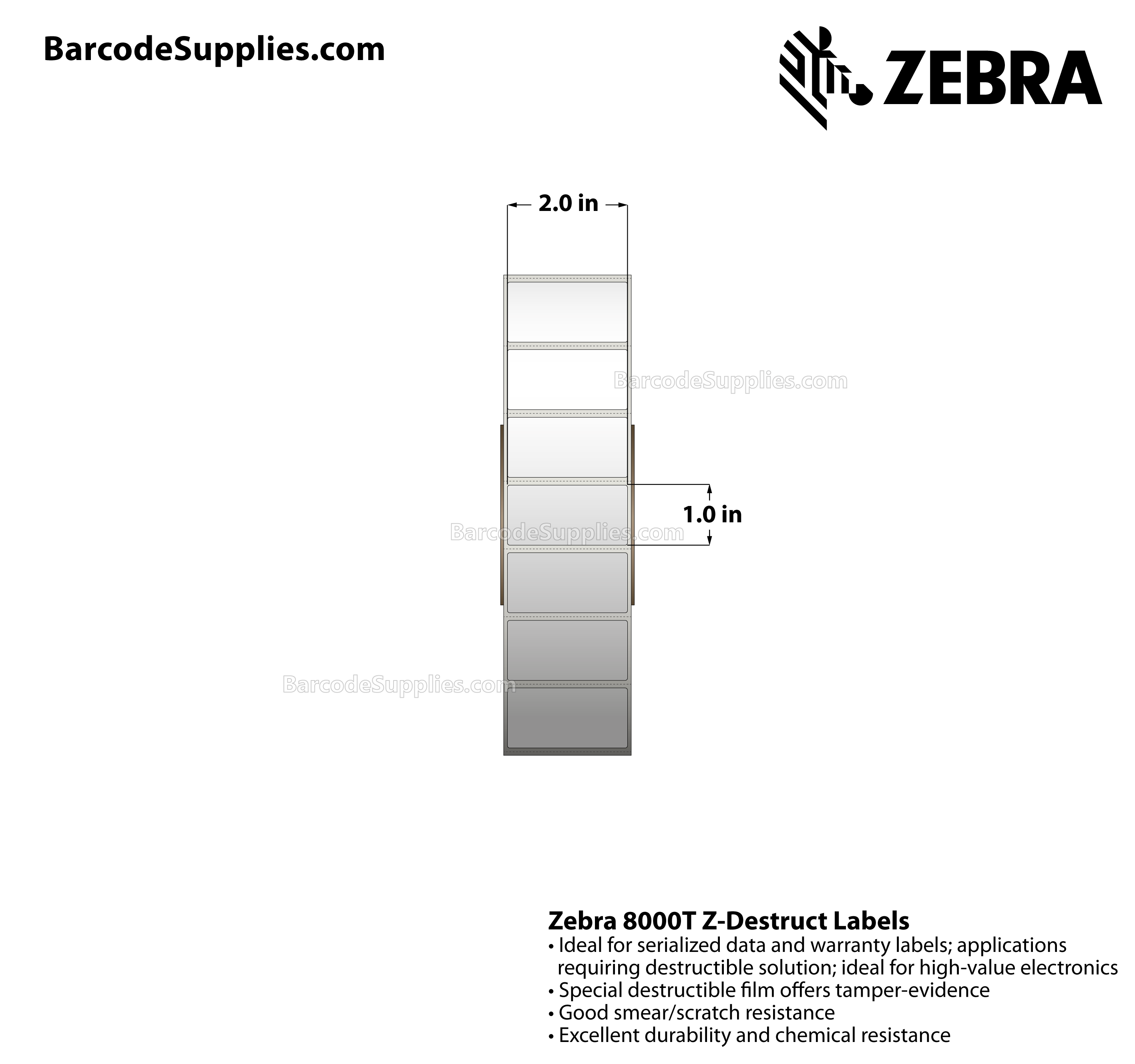 2 x 1 Thermal Transfer White 8000T Z-Destruct Labels With Tamper-evident Adhesive - Perforated - 3000 Labels Per Roll - Carton Of 1 Rolls - 3000 Labels Total - MPN: 10022927