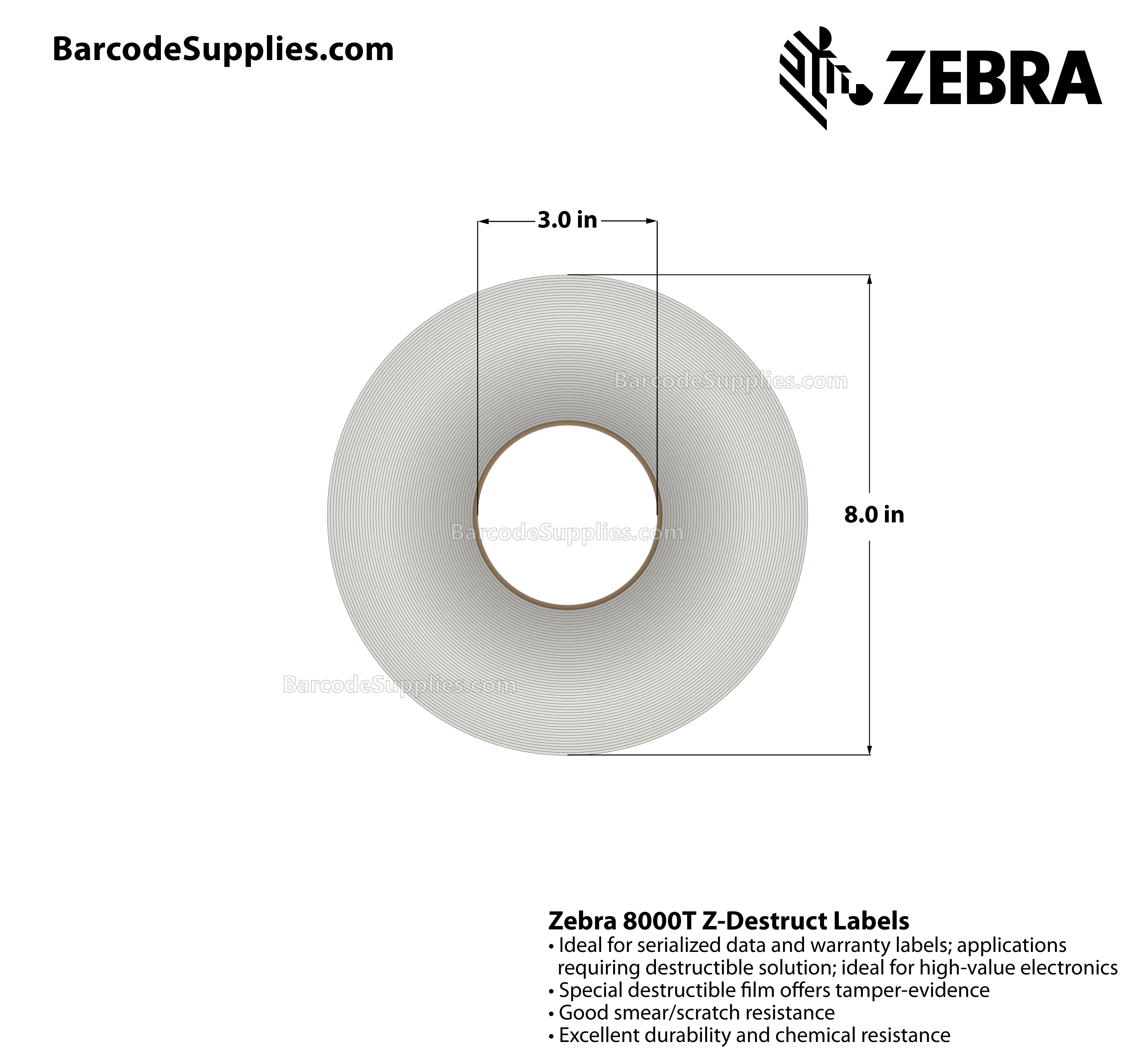 2 x 1 Thermal Transfer White 8000T Z-Destruct Labels With Tamper-evident Adhesive - Perforated - 3000 Labels Per Roll - Carton Of 1 Rolls - 3000 Labels Total - MPN: 10022927