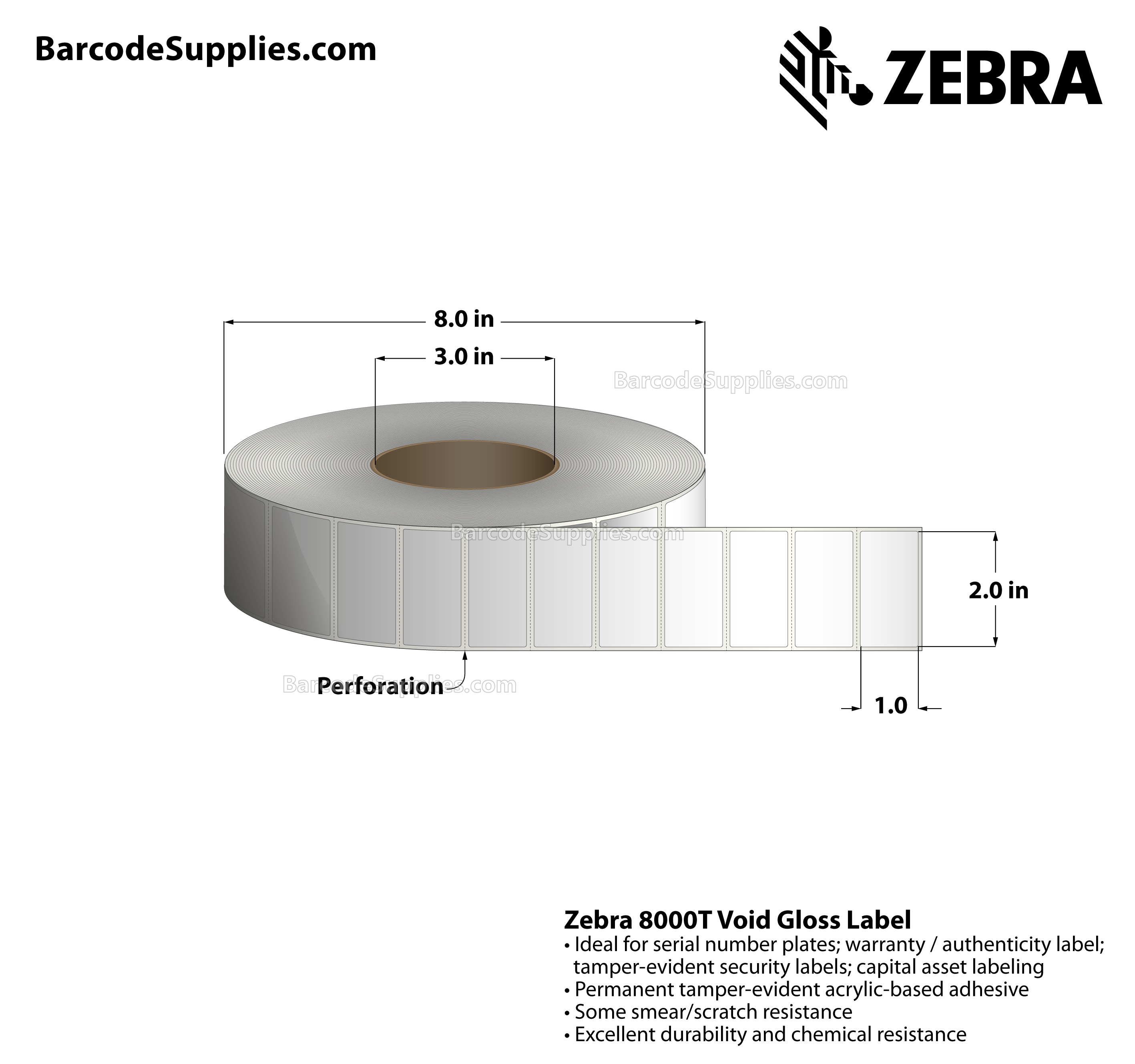 2 x 1 Thermal Transfer White 8000T Void Gloss Labels With Tamper-evident Adhesive - Perforated - 3000 Labels Per Roll - Carton Of 1 Rolls - 3000 Labels Total - MPN: 10023259