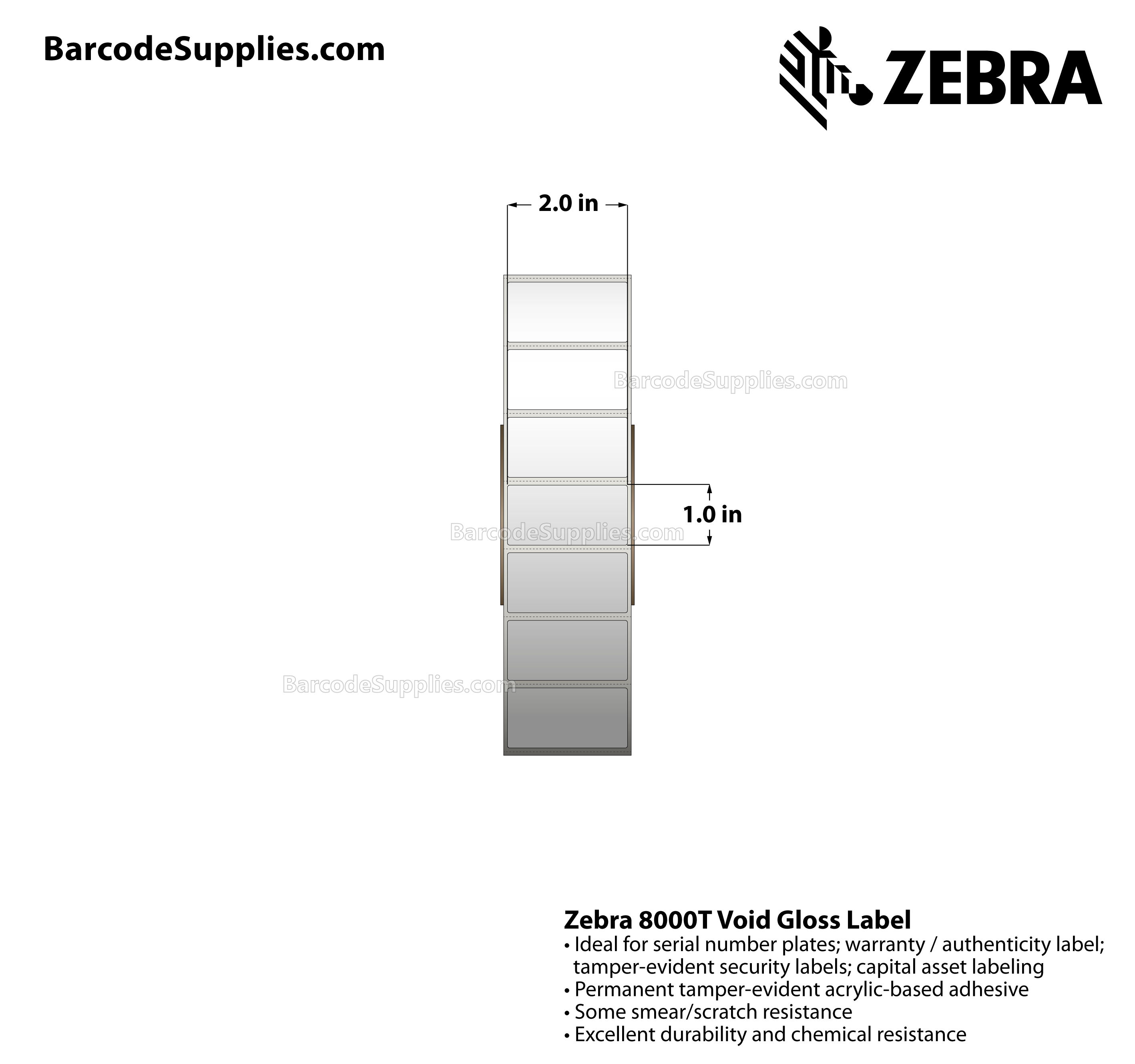 2 x 1 Thermal Transfer White 8000T Void Gloss Labels With Tamper-evident Adhesive - Perforated - 3000 Labels Per Roll - Carton Of 1 Rolls - 3000 Labels Total - MPN: 10023259