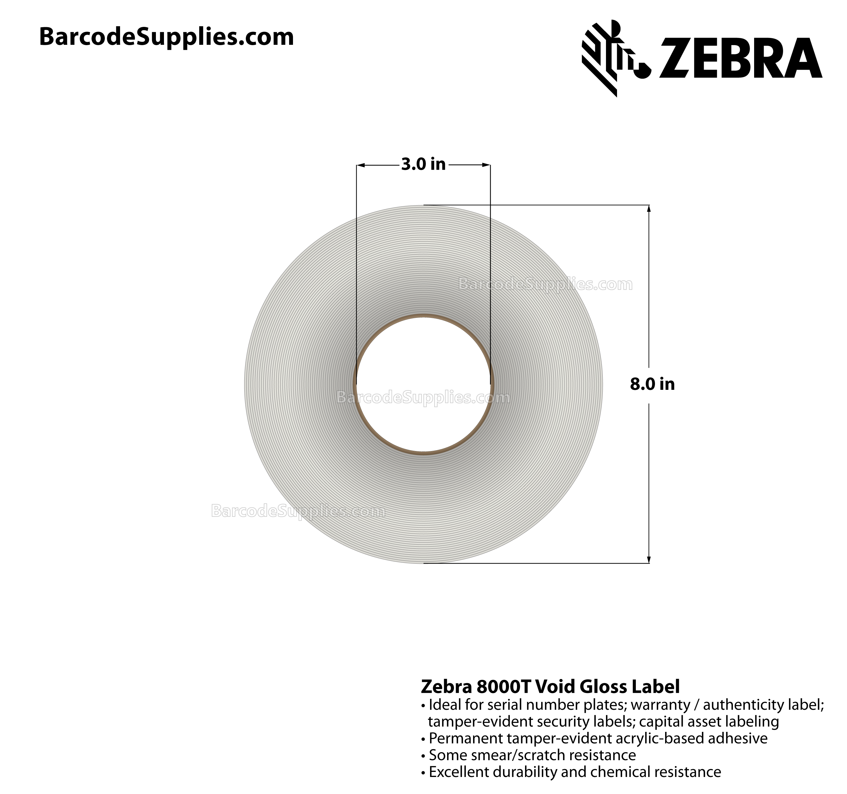 2 x 1 Thermal Transfer White 8000T Void Gloss Labels With Tamper-evident Adhesive - Perforated - 3000 Labels Per Roll - Carton Of 1 Rolls - 3000 Labels Total - MPN: 10023259