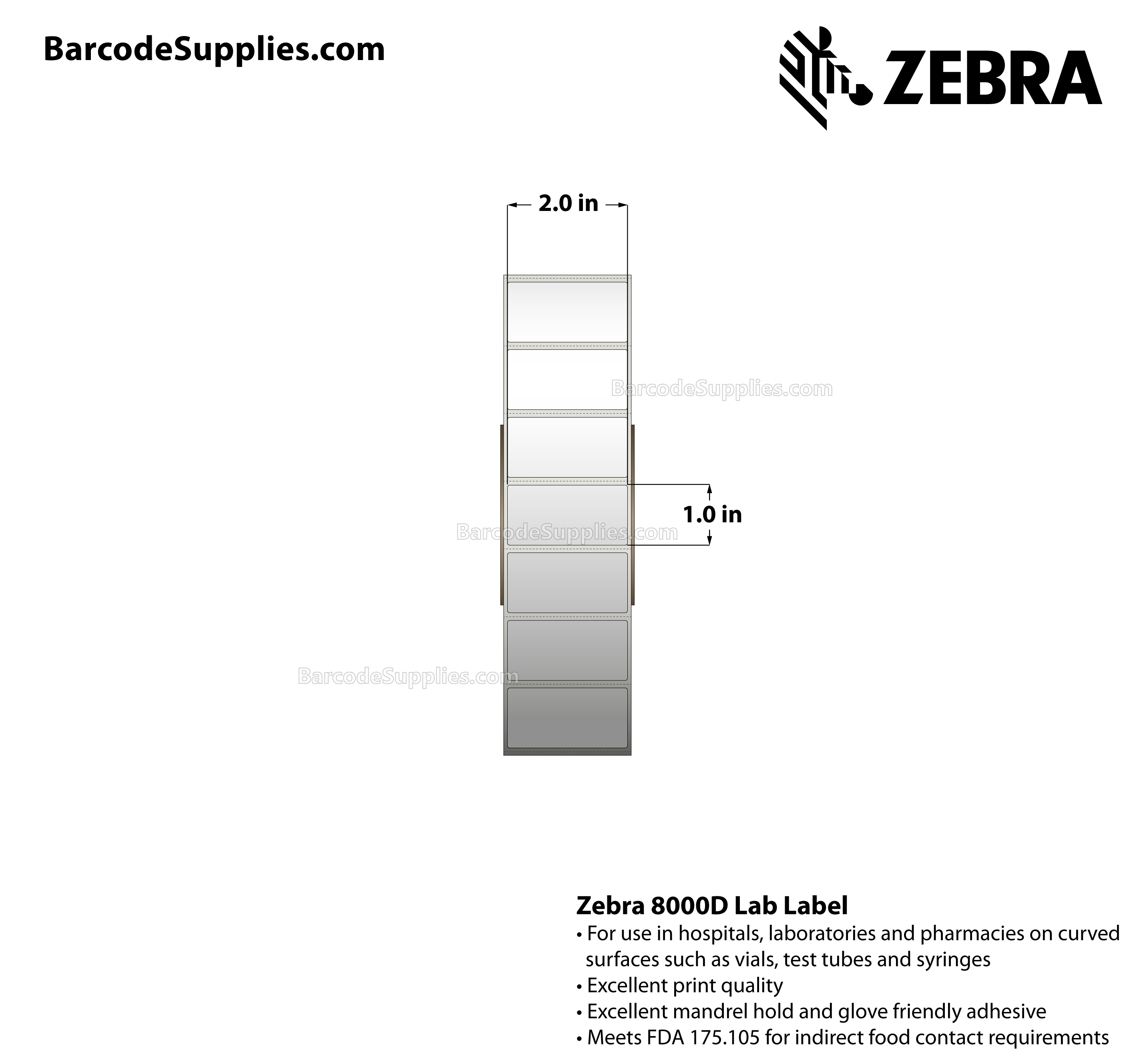 2 x 1 Direct Thermal White 8000D Lab Labels With Permanent Adhesive - Perforated - 5200 Labels Per Roll - Carton Of 6 Rolls - 31200 Labels Total - MPN: 10028317