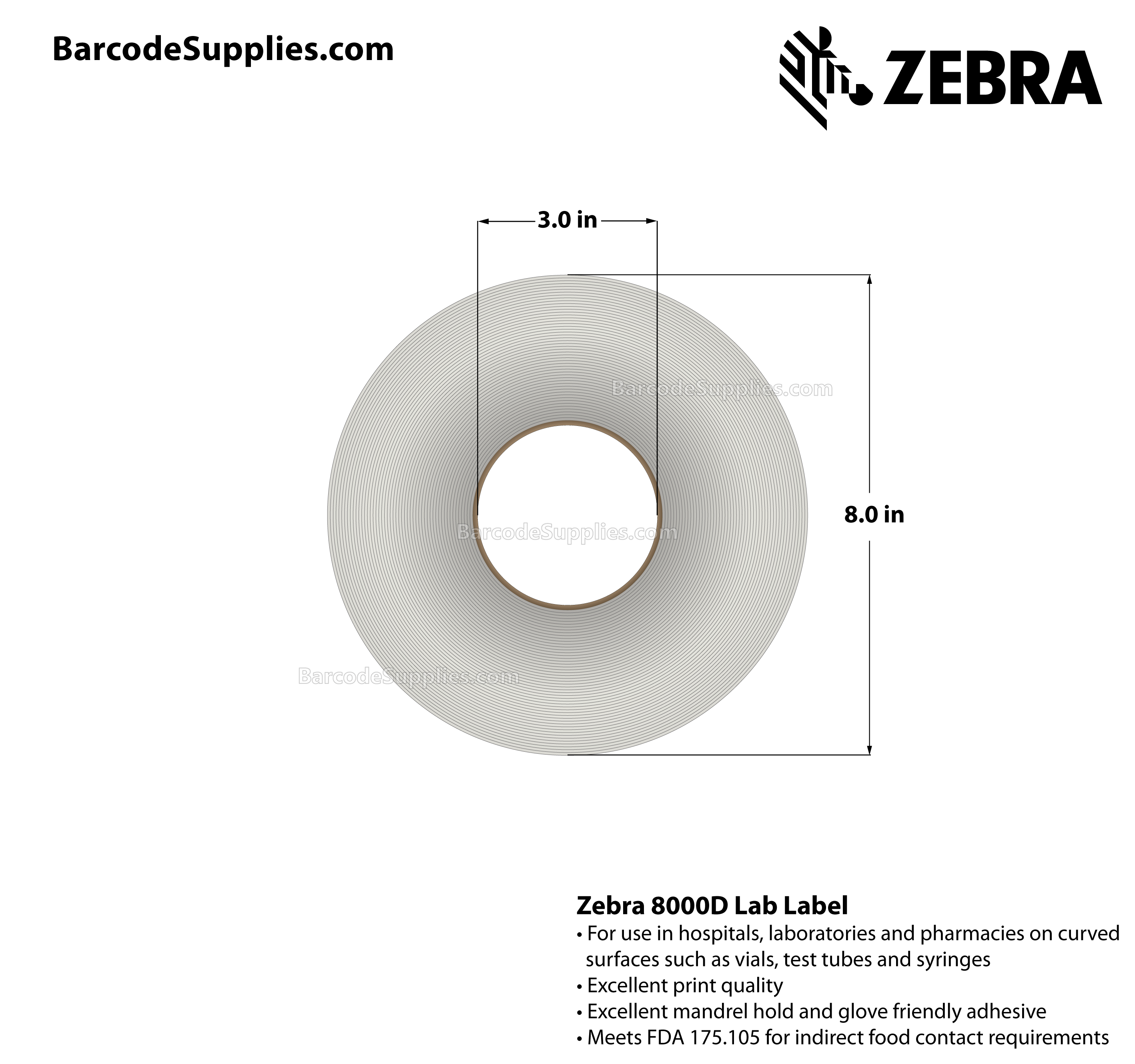 2 x 1 Direct Thermal White 8000D Lab Labels With Permanent Adhesive - Perforated - 5200 Labels Per Roll - Carton Of 6 Rolls - 31200 Labels Total - MPN: 10028317