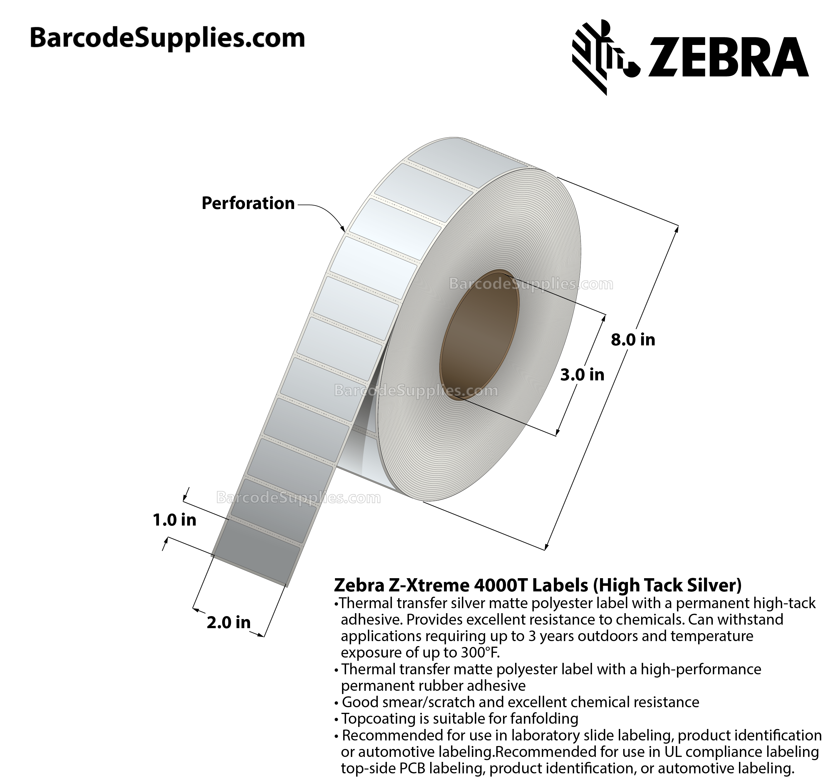 2 x 1 Thermal Transfer Silver Z-Xtreme 4000T High-Tack Silver Labels With High-tack Adhesive - Perforated - 3000 Labels Per Roll - Carton Of 1 Rolls - 3000 Labels Total - MPN: 10023175