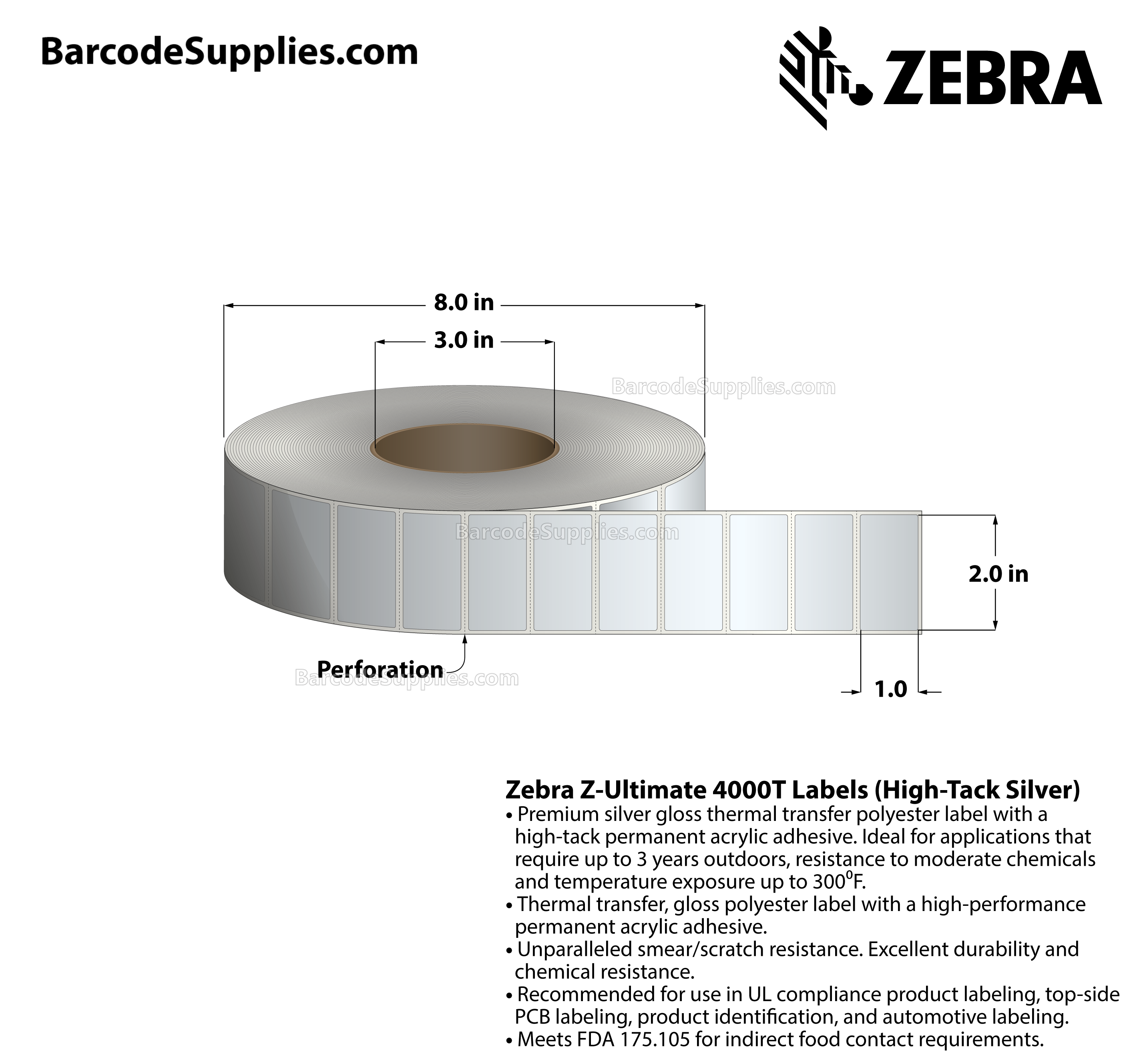 2 x 1 Thermal Transfer Silver Z-Ultimate 4000T High-Tack Silver Labels With High-tack Adhesive - Perforated - 3000 Labels Per Roll - Carton Of 1 Rolls - 3000 Labels Total - MPN: 10023352