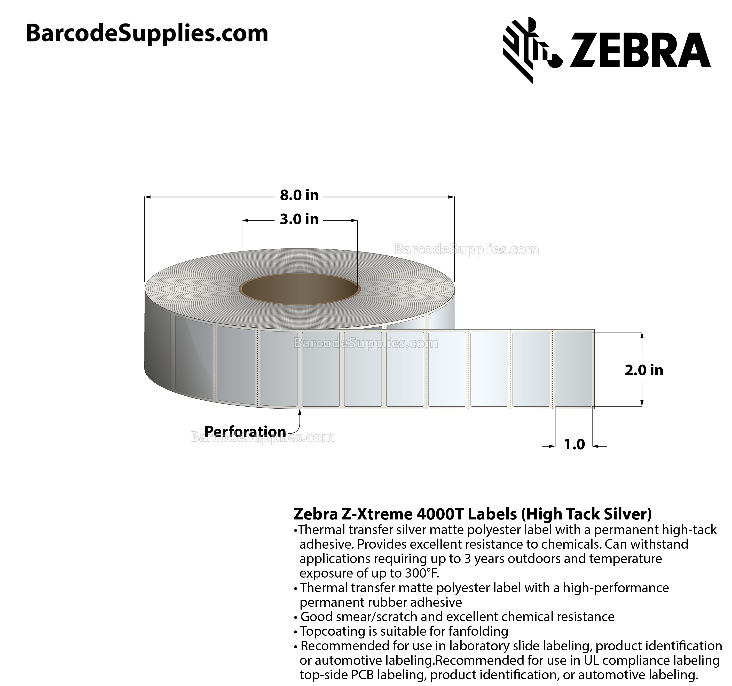2 x 1 Thermal Transfer Silver Z-Xtreme 4000T High-Tack Silver Labels With High-tack Adhesive - Perforated - 3000 Labels Per Roll - Carton Of 1 Rolls - 3000 Labels Total - MPN: 10023175