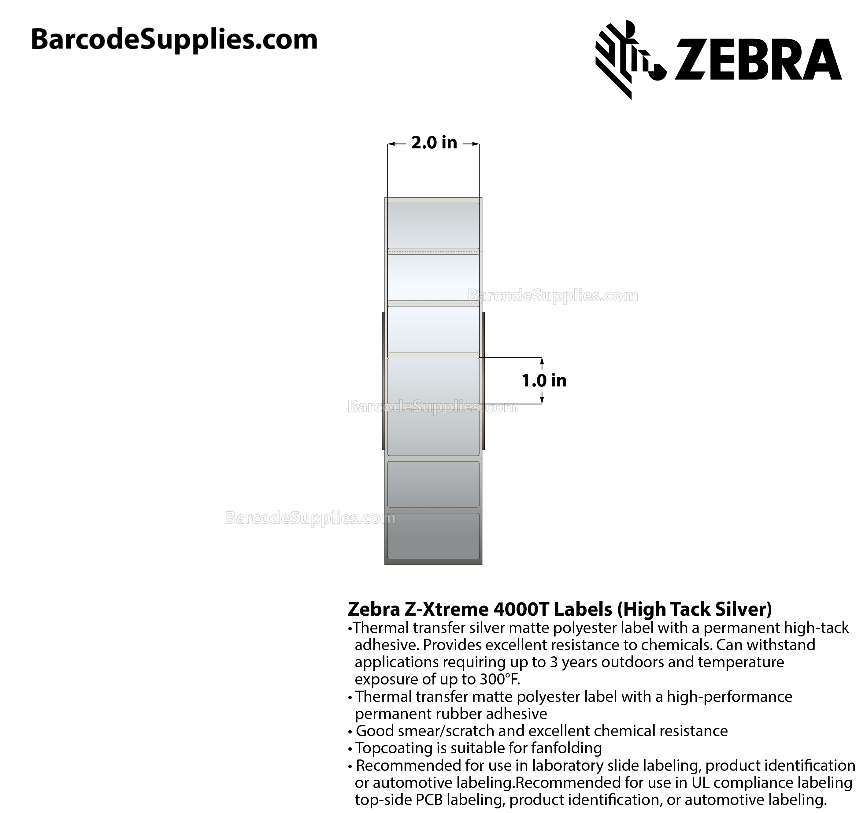 2 x 1 Thermal Transfer Silver Z-Xtreme 4000T High-Tack Silver Labels With High-tack Adhesive - Perforated - 3000 Labels Per Roll - Carton Of 1 Rolls - 3000 Labels Total - MPN: 10023175