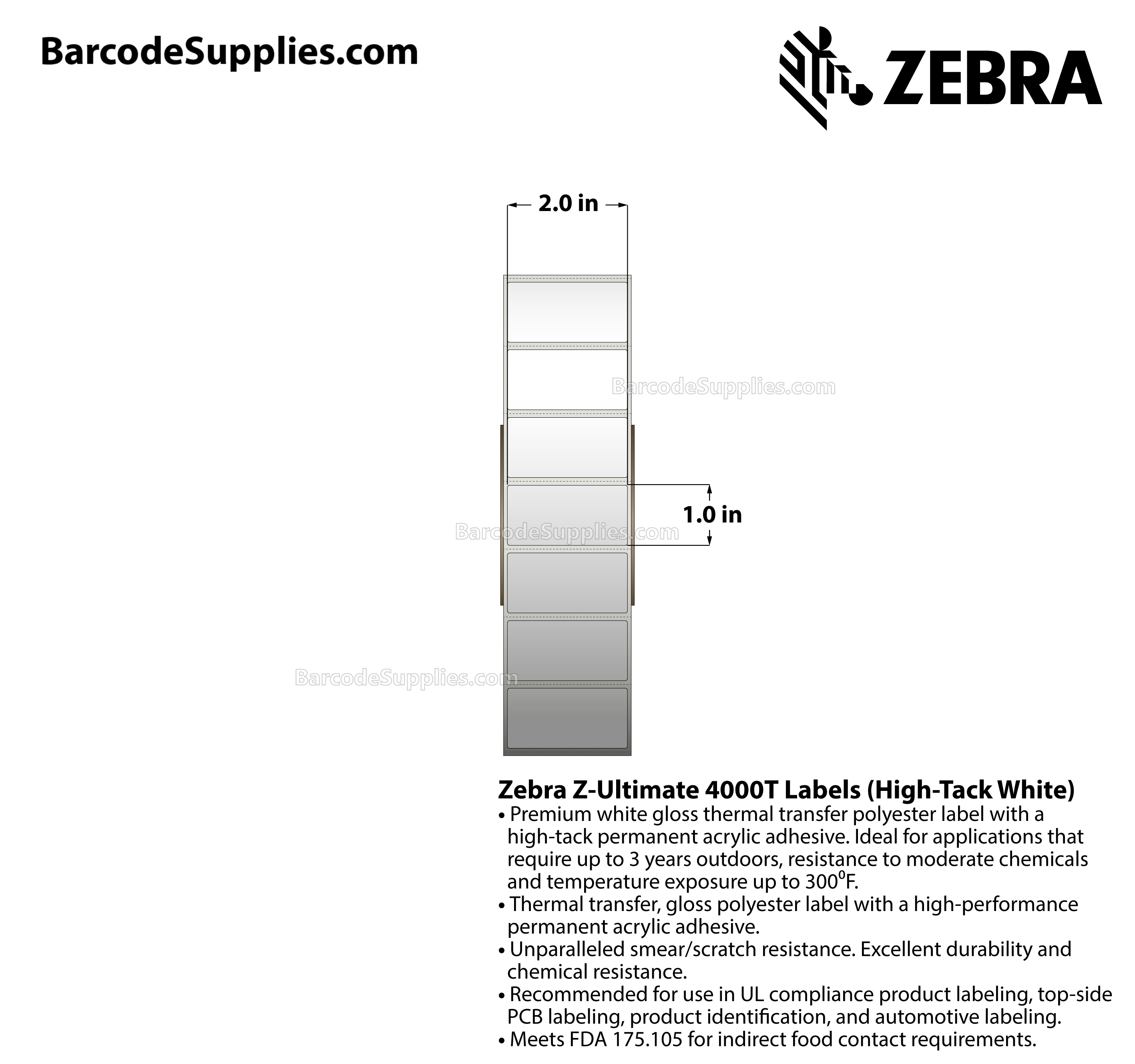2 x 1 Thermal Transfer White Z-Ultimate 4000T High-Tack White Labels With High-tack Adhesive - Perforated - 4300 Labels Per Roll - Carton Of 4 Rolls - 17200 Labels Total - MPN: 10008521