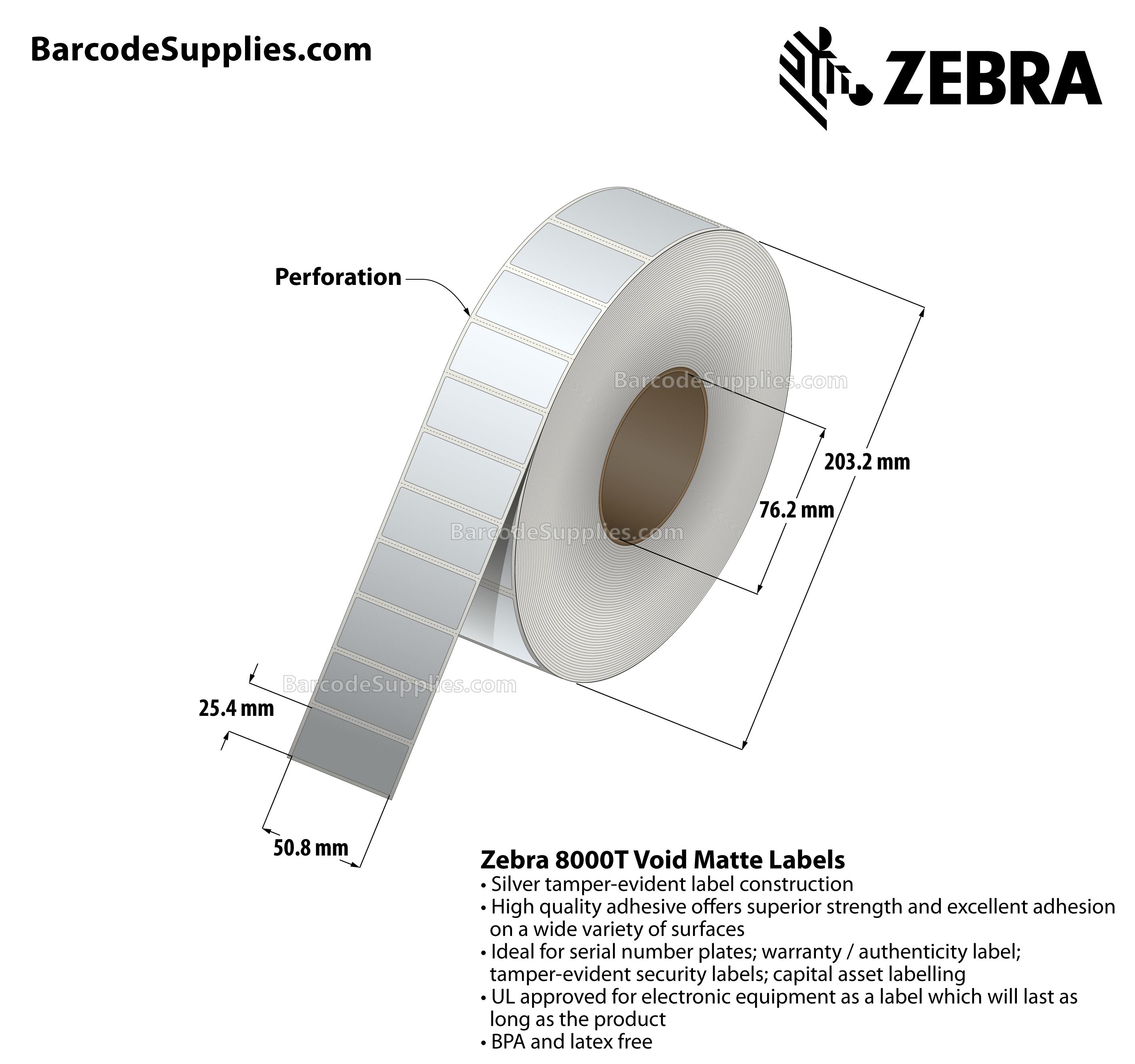 2 x 1 Thermal Transfer Silver 8000T Void Matte Silver Labels With Tamper-evident Adhesive - Perforated - 3000 Labels Per Roll - Carton Of 1 Rolls - 3000 Labels Total - MPN: 10022921