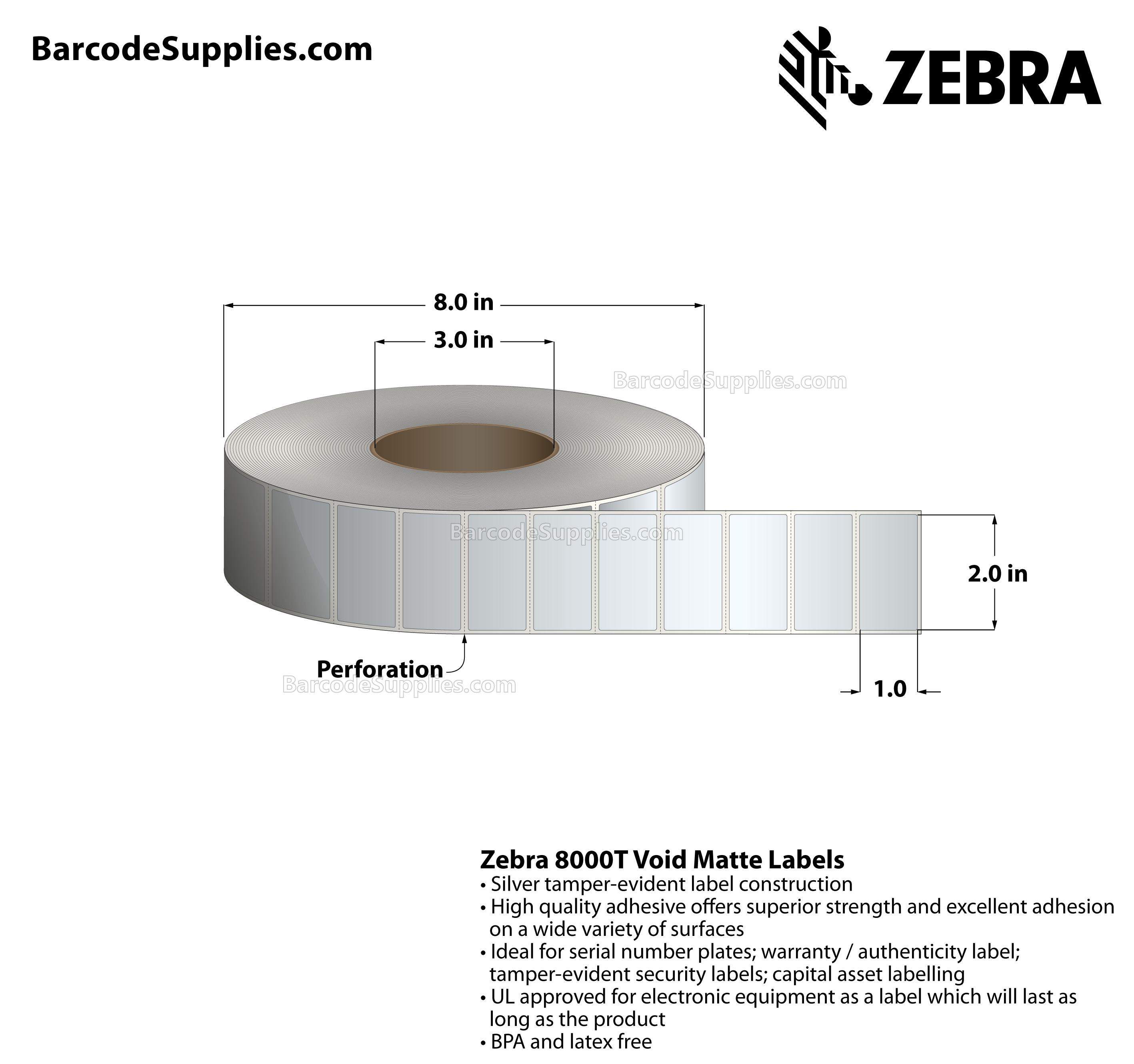 2 x 1 Thermal Transfer Silver 8000T Void Matte Silver Labels With Tamper-evident Adhesive - Perforated - 3000 Labels Per Roll - Carton Of 1 Rolls - 3000 Labels Total - MPN: 10022921