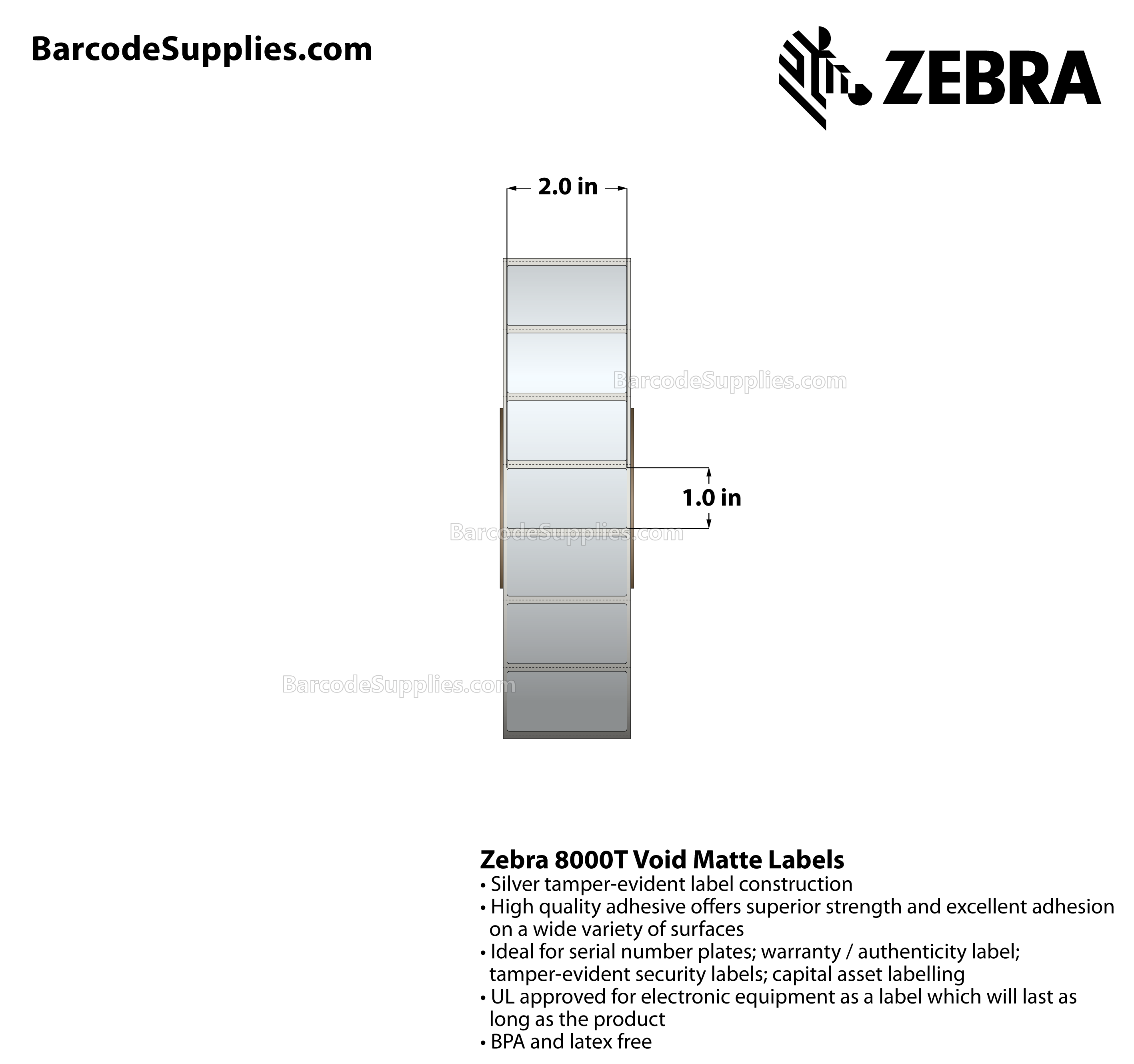2 x 1 Thermal Transfer Silver 8000T Void Matte Silver Labels With Tamper-evident Adhesive - Perforated - 3000 Labels Per Roll - Carton Of 1 Rolls - 3000 Labels Total - MPN: 10022921