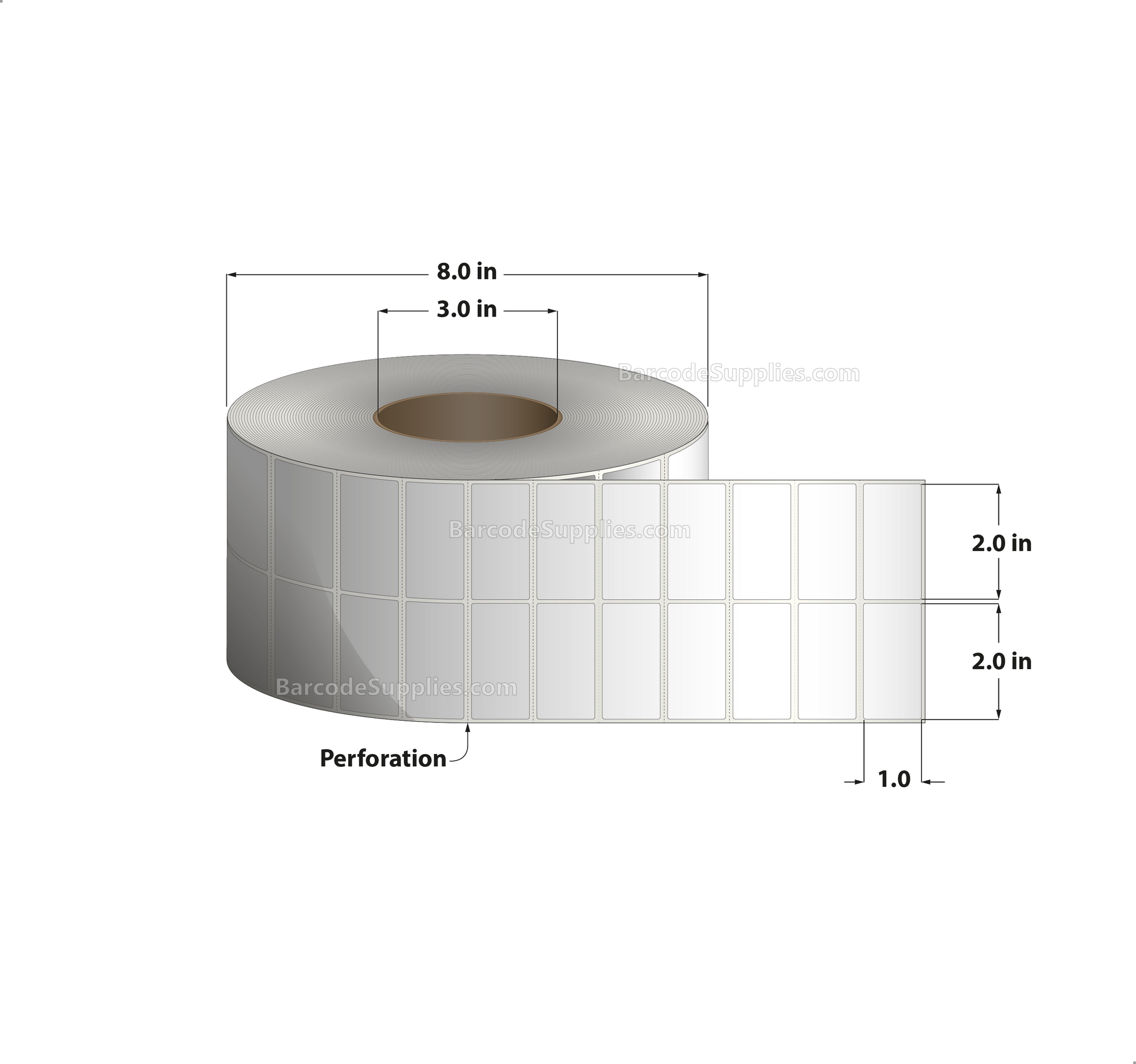 2 x 1 Thermal Transfer White Labels With Permanent Acrylic Adhesive - Perforated - 11000 Labels Per Roll - Carton Of 4 Rolls - 44000 Labels Total - MPN: TH21-2P