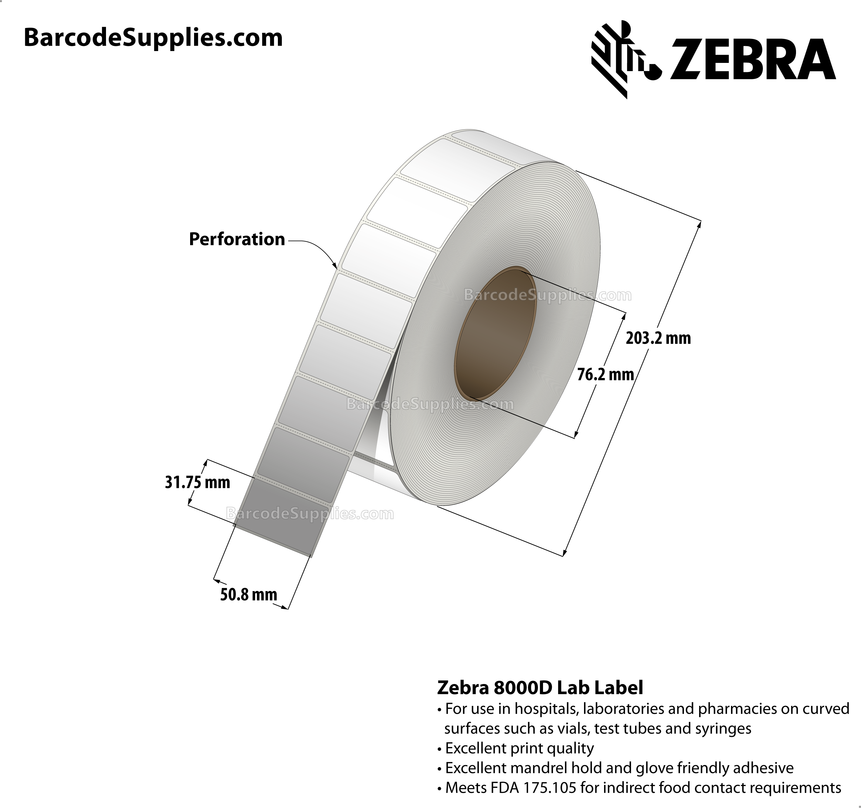 2 x 1.25 Direct Thermal White 8000D Lab Labels With Permanent Adhesive - Perforated - 3000 Labels Per Roll - Carton Of 6 Rolls - 18000 Labels Total - MPN: 10025472