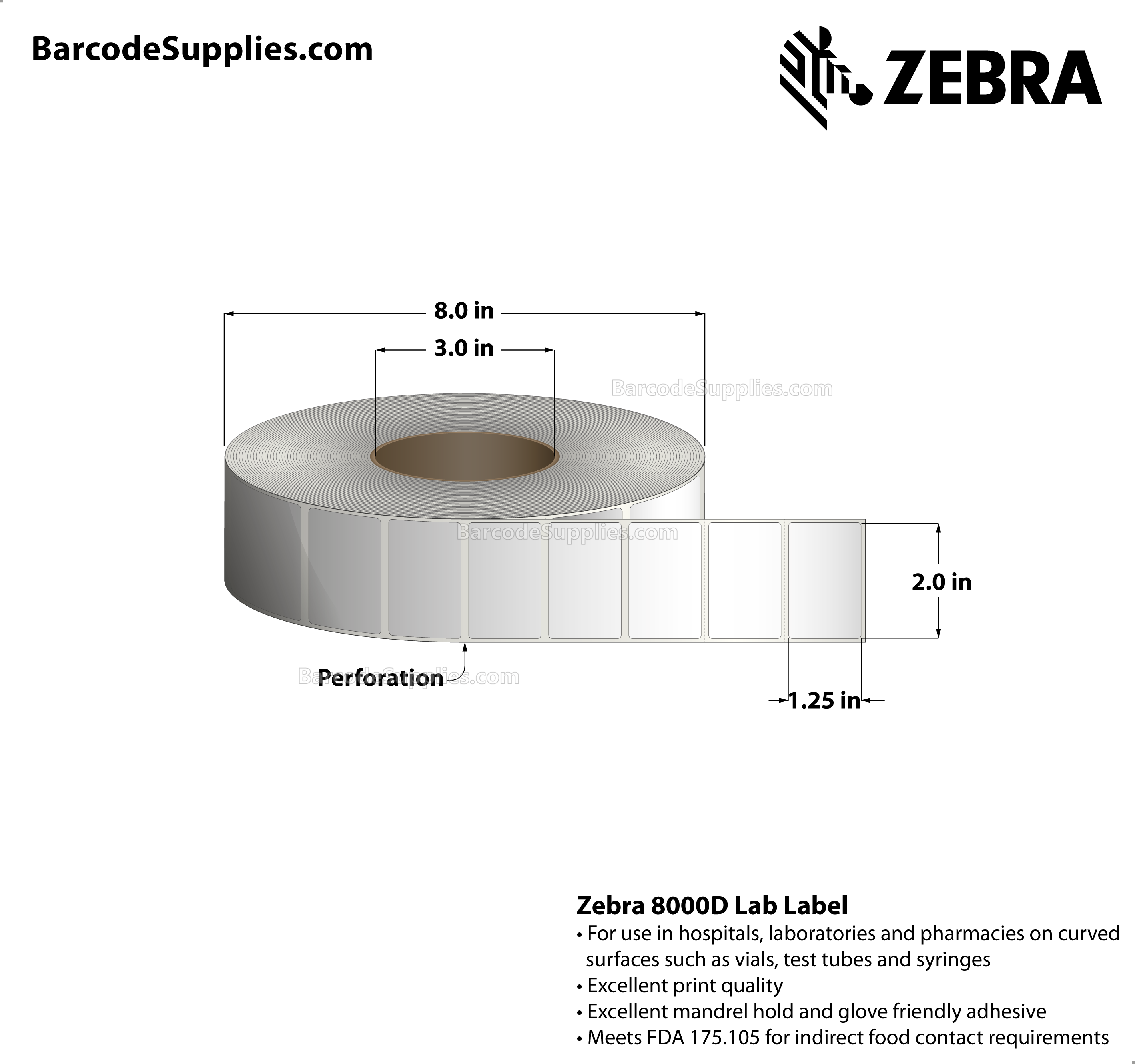 2 x 1.25 Direct Thermal White 8000D Lab Labels With Permanent Adhesive - Perforated - 3000 Labels Per Roll - Carton Of 6 Rolls - 18000 Labels Total - MPN: 10025472