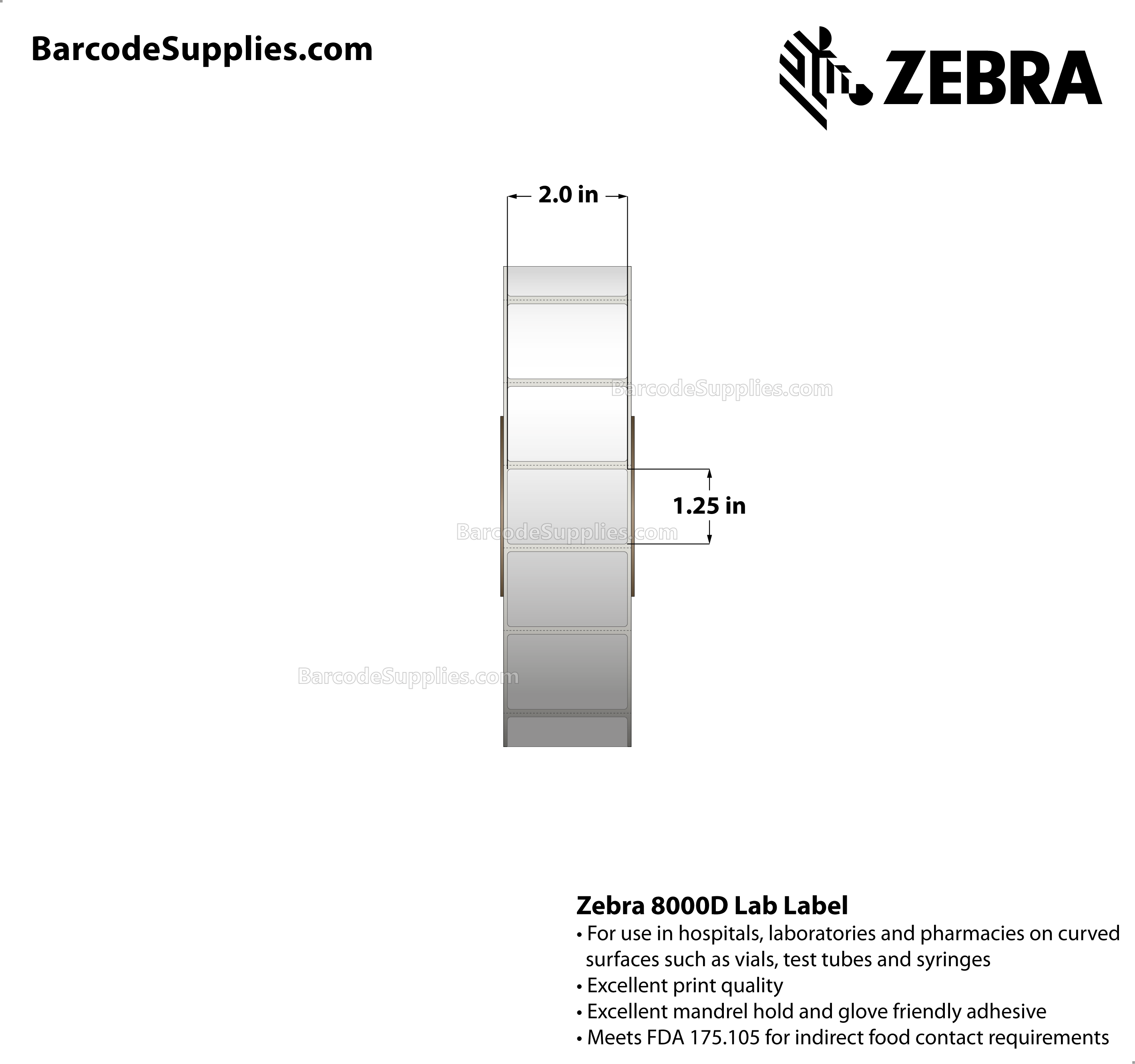 2 x 1.25 Direct Thermal White 8000D Lab Labels With Permanent Adhesive - Perforated - 3000 Labels Per Roll - Carton Of 6 Rolls - 18000 Labels Total - MPN: 10025472