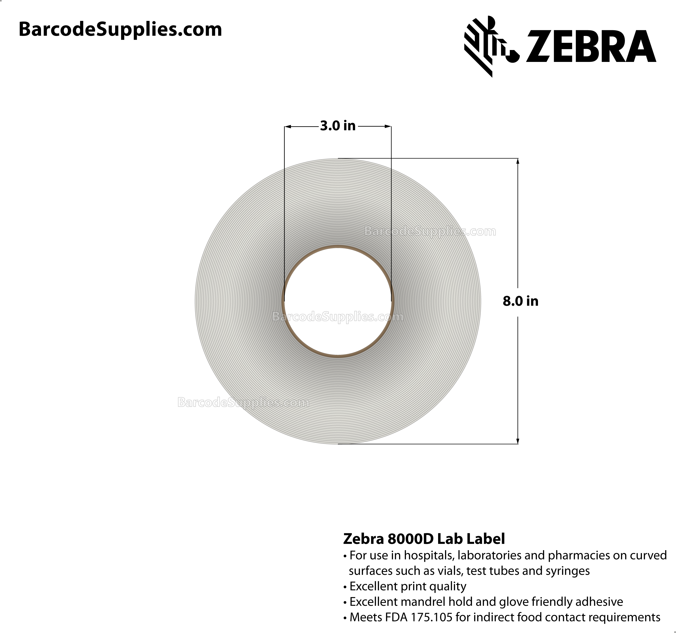 2 x 1.25 Direct Thermal White 8000D Lab Labels With Permanent Adhesive - Perforated - 3000 Labels Per Roll - Carton Of 6 Rolls - 18000 Labels Total - MPN: 10025472