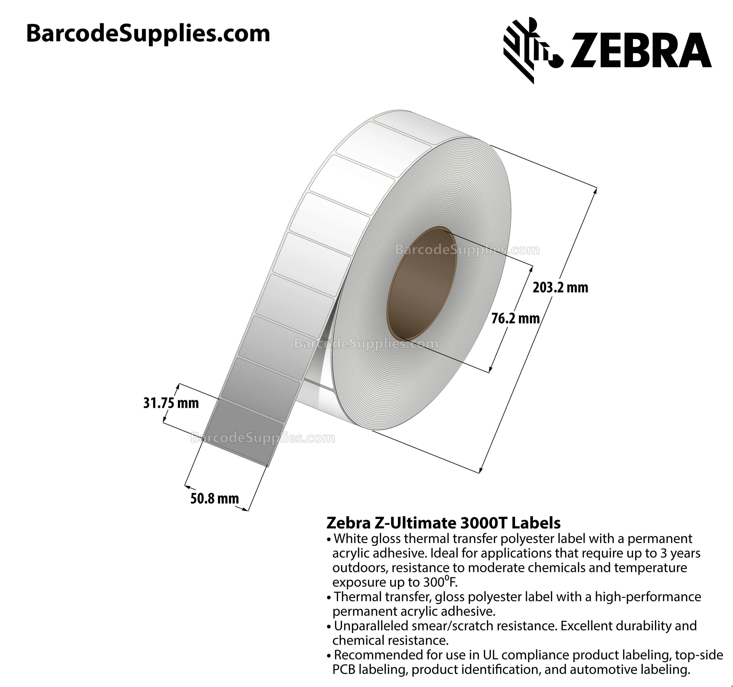2 x 1.25 Thermal Transfer White Z-Ultimate 3000T Labels With Permanent Adhesive - Not Perforated - 4270 Labels Per Roll - Carton Of 4 Rolls - 17080 Labels Total - MPN: 10011698