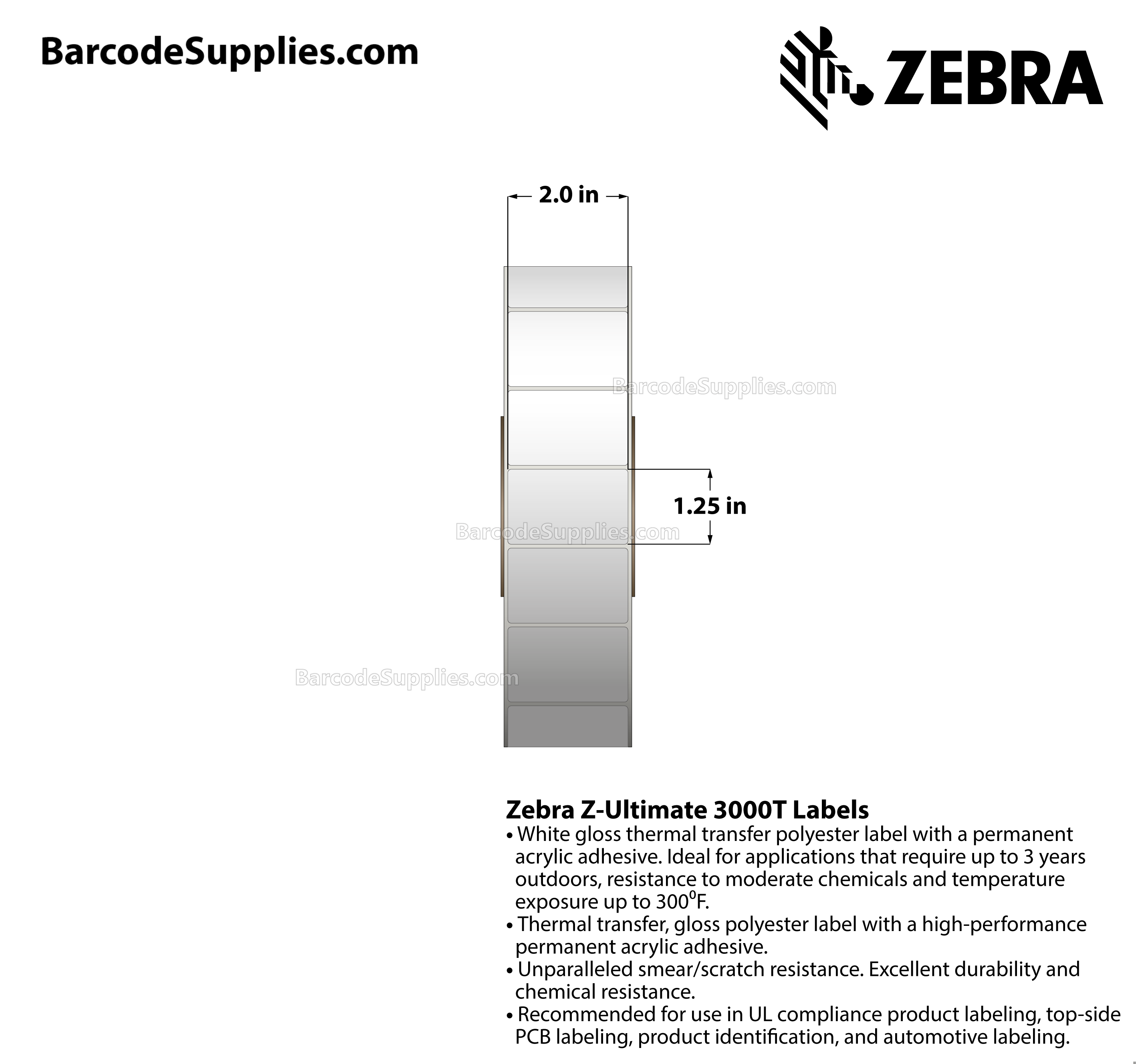 2 x 1.25 Thermal Transfer White Z-Ultimate 3000T Labels With Permanent Adhesive - Not Perforated - 4270 Labels Per Roll - Carton Of 4 Rolls - 17080 Labels Total - MPN: 10011698