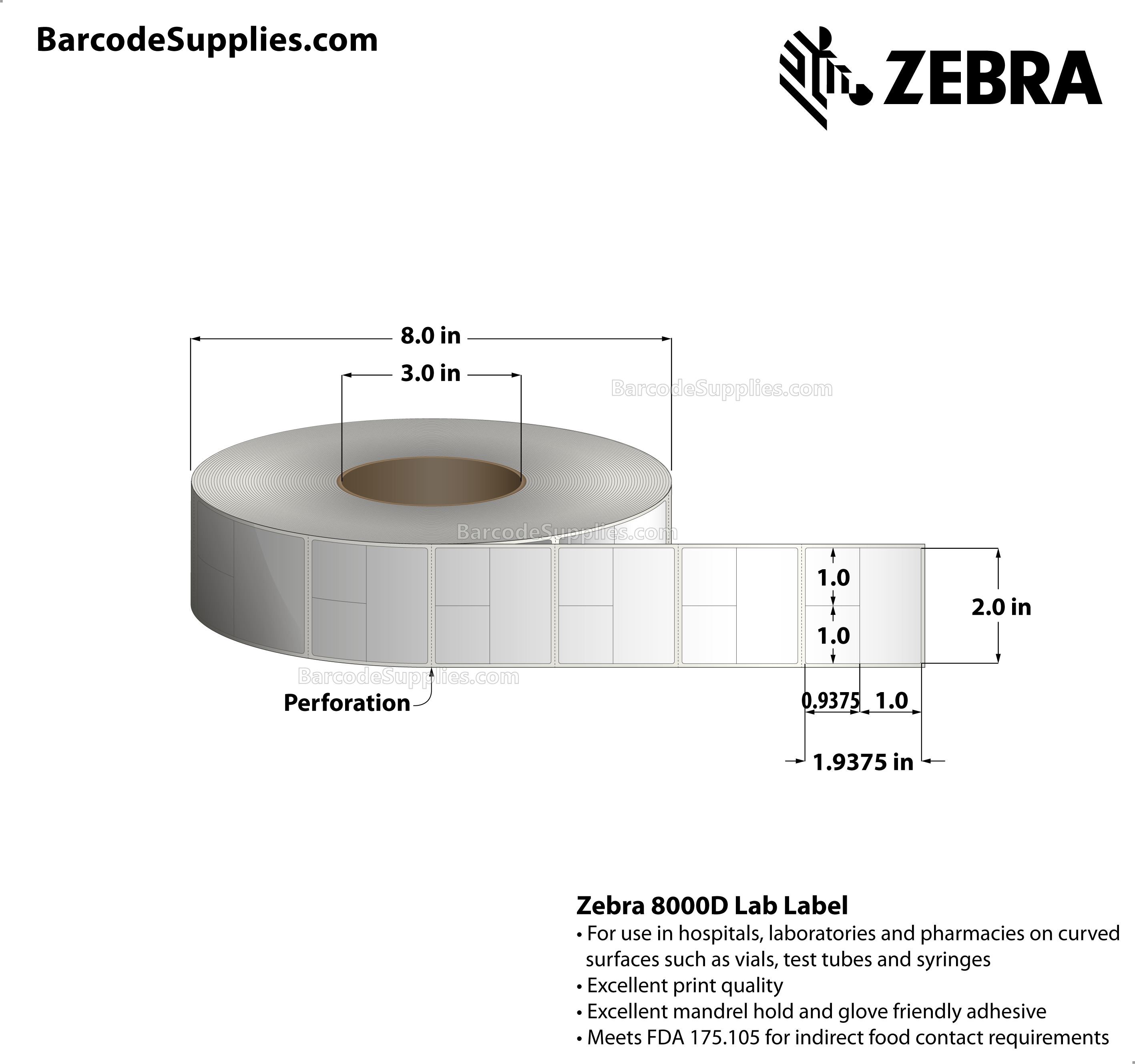 2 x 1.9375 Direct Thermal White 8000D Lab Labels With Permanent Adhesive - Slits through facestock create three labels: (2) 1x0.9375 labels and (2) 2x1 labels - Perforated - 2700 Labels Per Roll - Carton Of 6 Rolls - 16200 Labels Total - MPN: 10025479