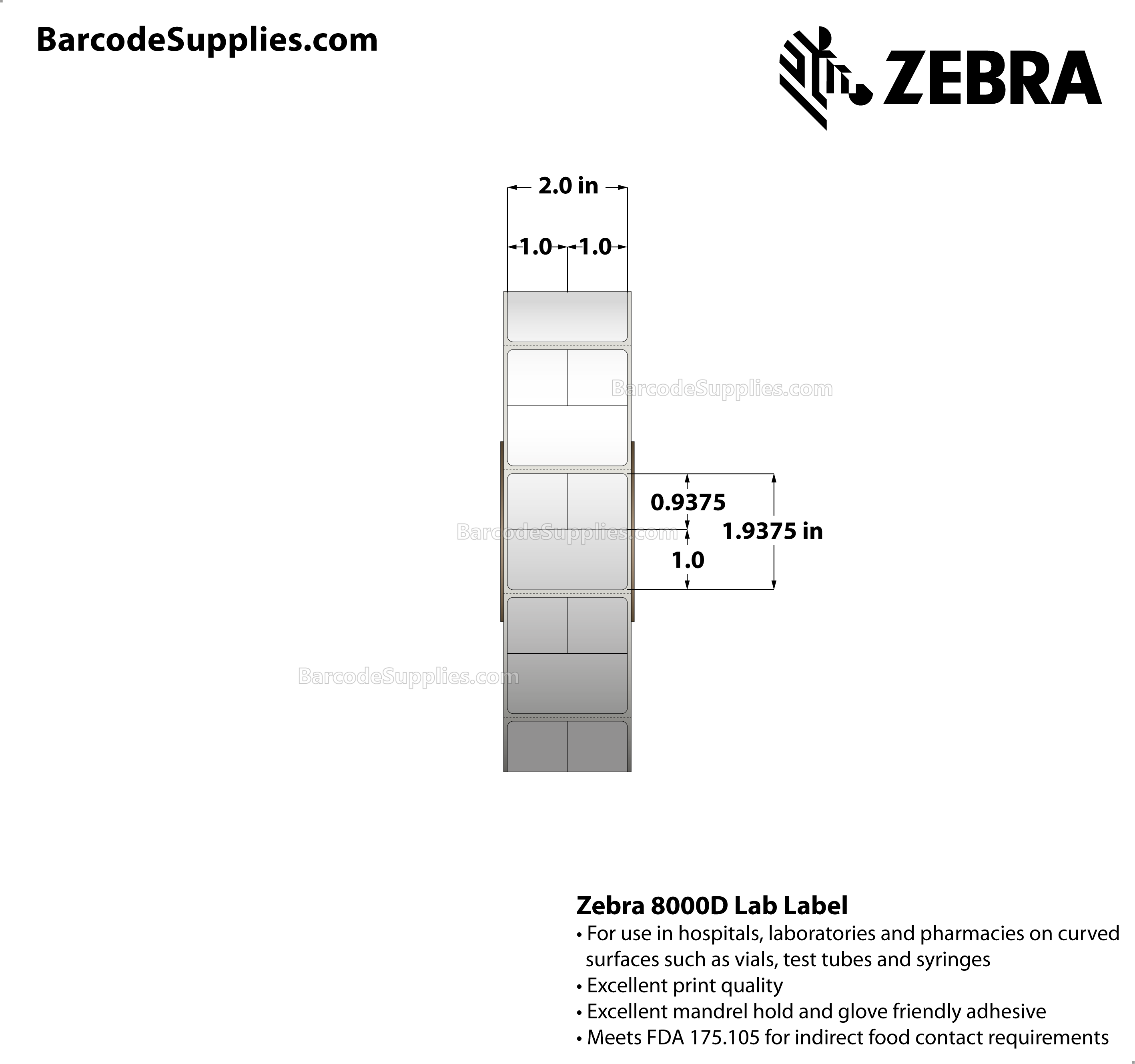 2 x 1.9375 Direct Thermal White 8000D Lab Labels With Permanent Adhesive - Slits through facestock create three labels: (2) 1x0.9375 labels and (2) 2x1 labels - Perforated - 2700 Labels Per Roll - Carton Of 6 Rolls - 16200 Labels Total - MPN: 10025479