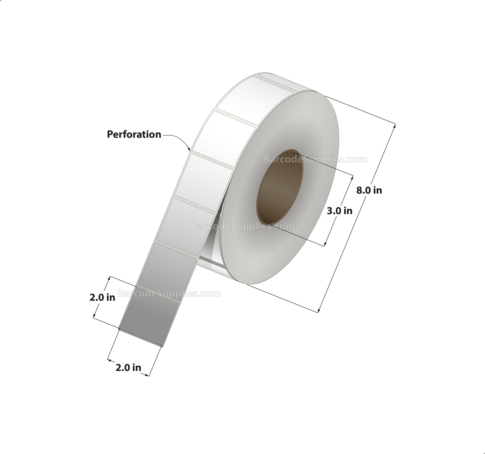 2 x 2 Thermal Transfer White Labels With Permanent Acrylic Adhesive - Perforated - 3000 Labels Per Roll - Carton Of 8 Rolls - 24000 Labels Total - MPN: TH22-1P