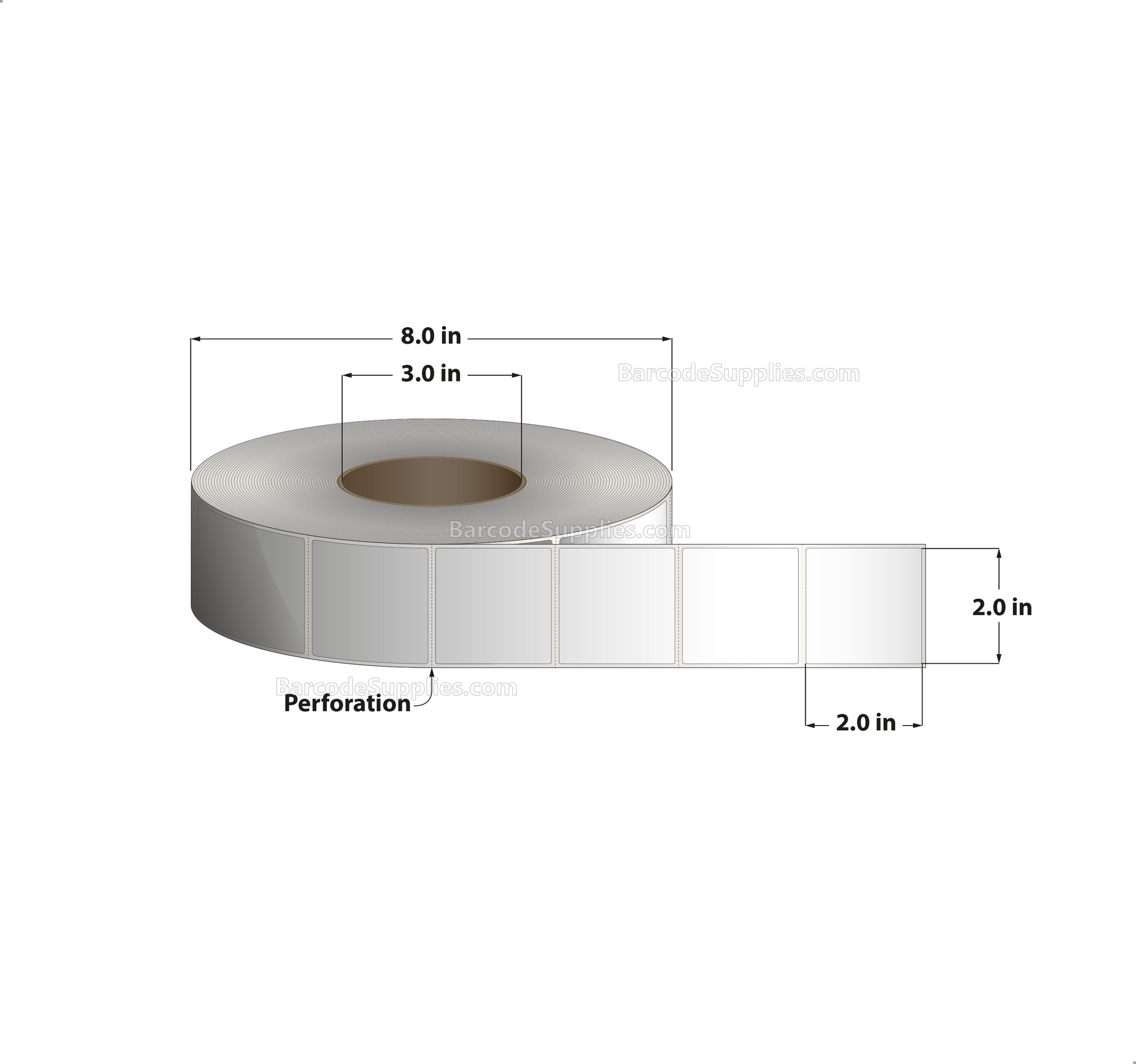 2 x 2 Direct Thermal White Labels With Acrylic Adhesive - Perforated - 2900 Labels Per Roll - Carton Of 8 Rolls - 23200 Labels Total - MPN: RD-2-2-2900-3 - BarcodeSource, Inc.