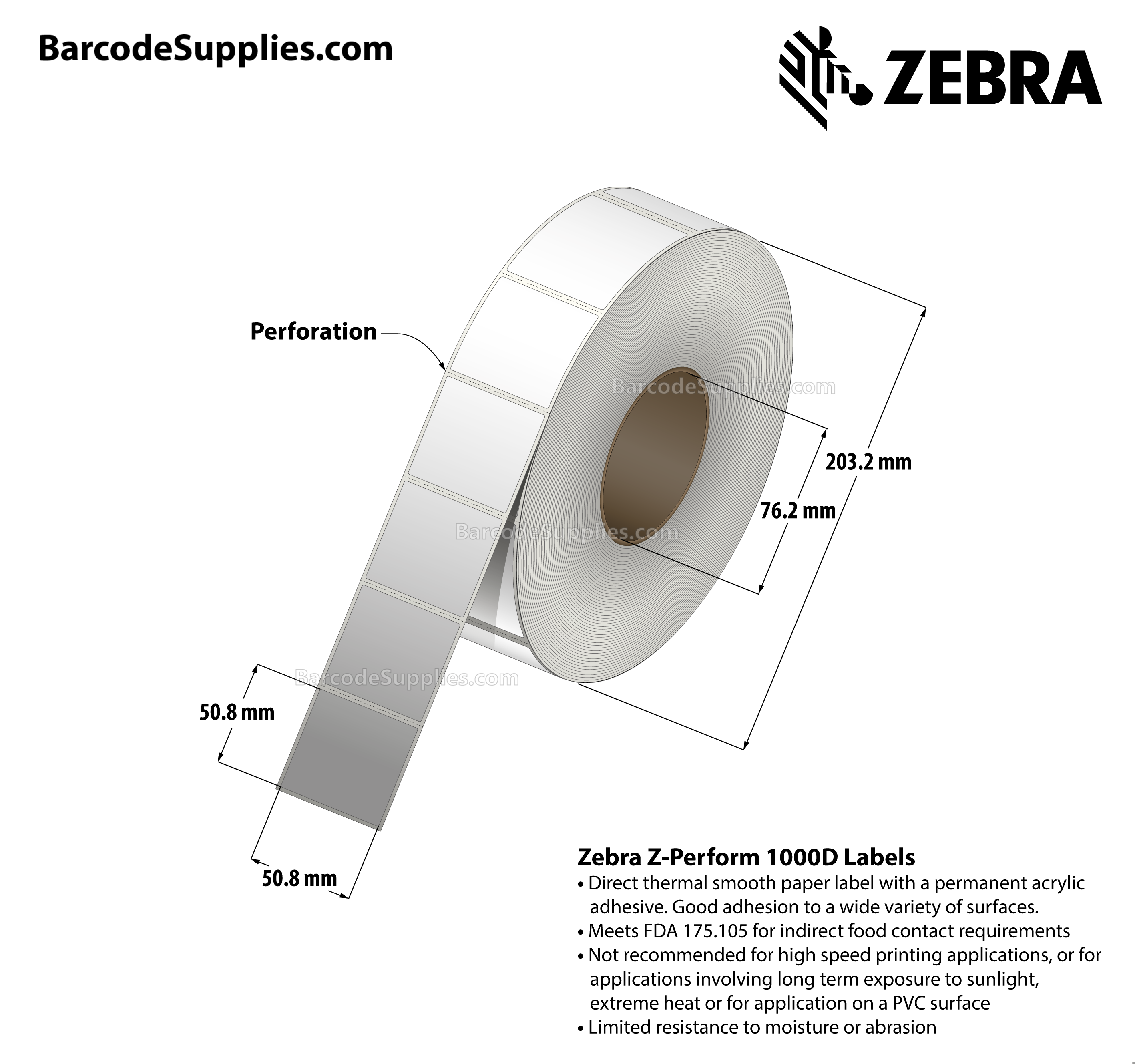 2 x 2 Direct Thermal White Z-Perform 1000D Labels With Permanent Adhesive - Perforated - 2765 Labels Per Roll - Carton Of 6 Rolls - 16590 Labels Total - MPN: 10028310