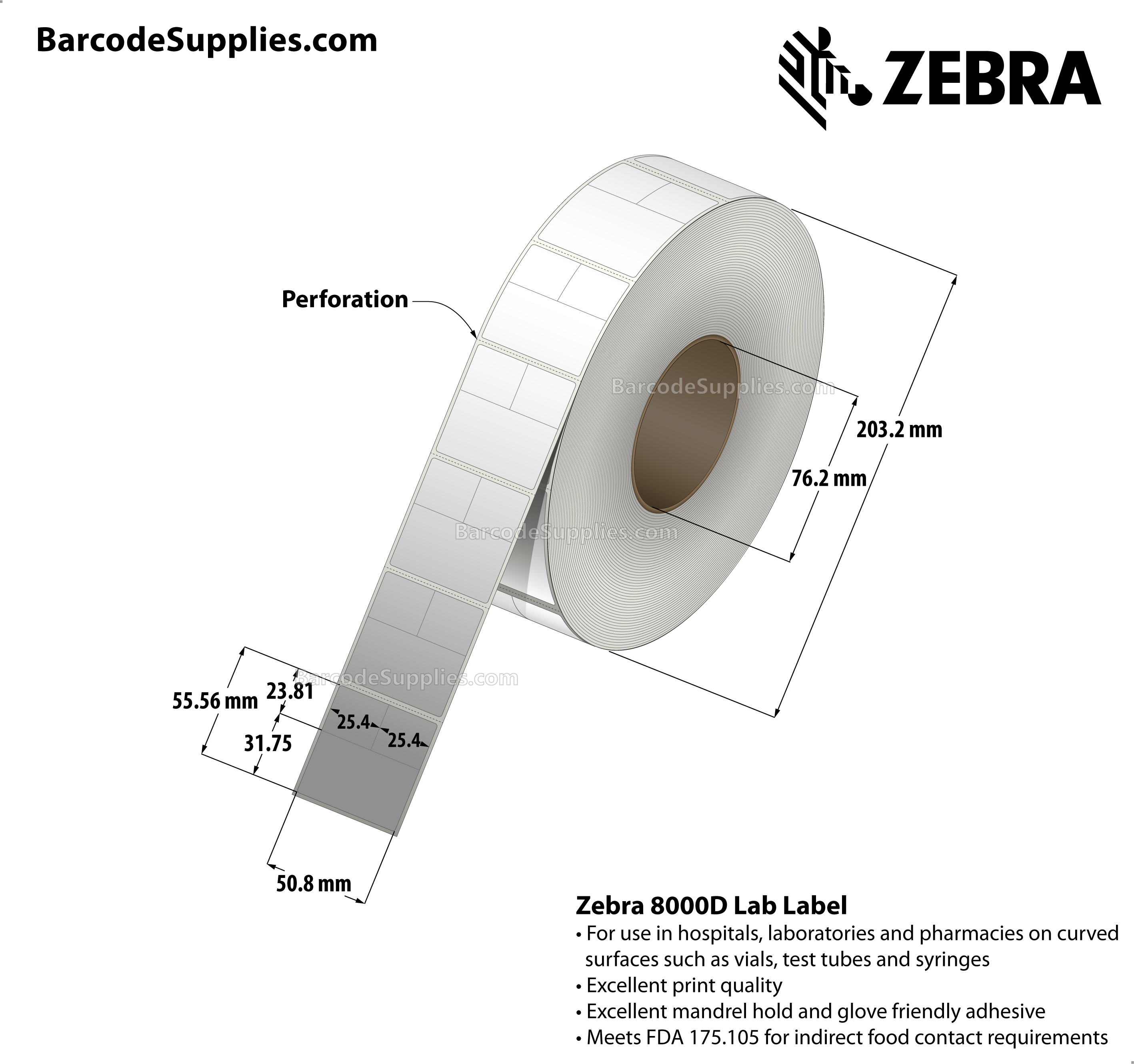 2 x 2.1875 Direct Thermal White 8000D Lab Labels With Permanent Adhesive - Slits through facestock create three labels: (2) 1x0.9375 labels and (2) 2x1.25 labels - Perforated - 1000 Labels Per Roll - Carton Of 4 Rolls - 4000 Labels Total - MPN: 10025476