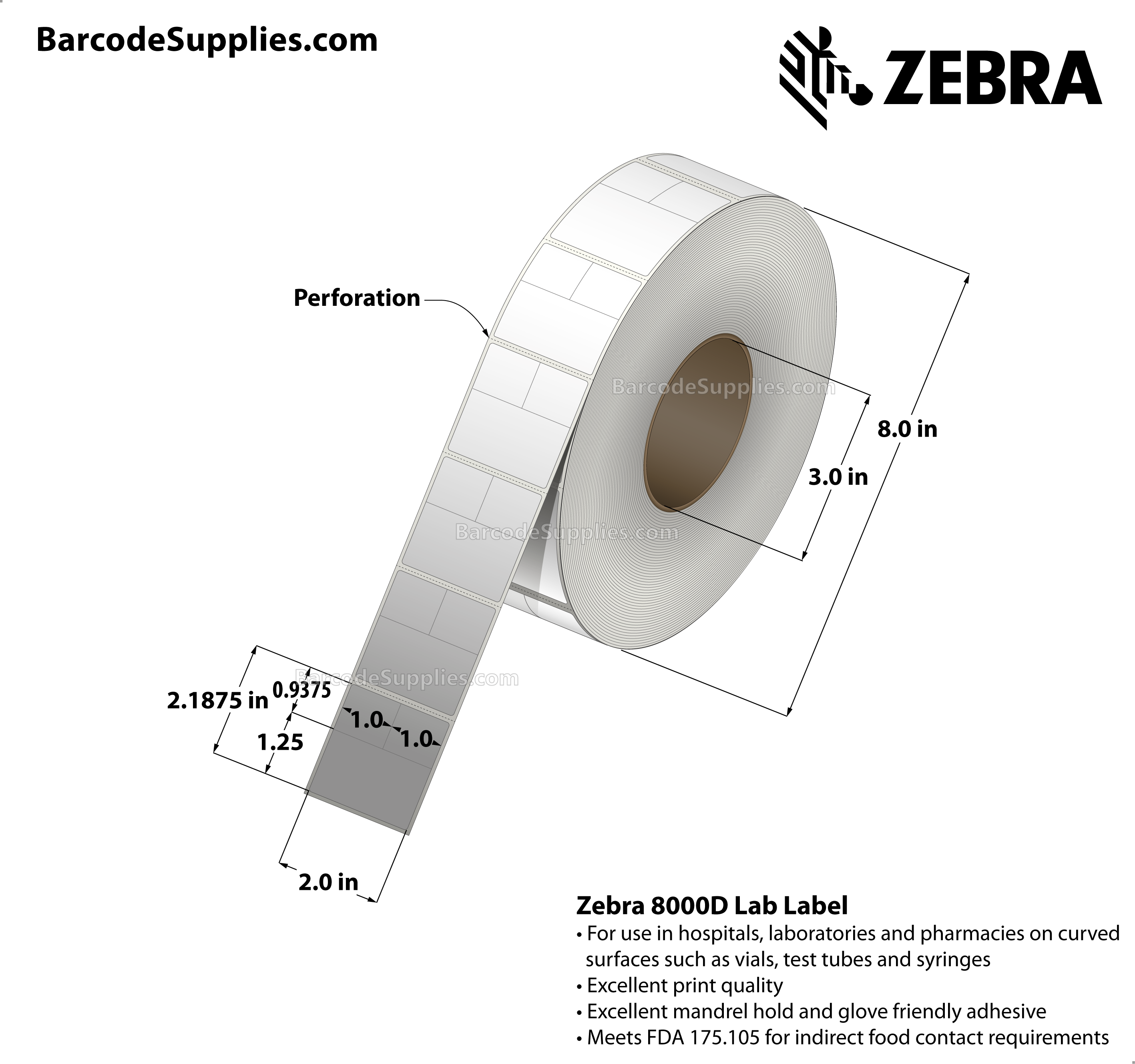2 x 2.1875 Direct Thermal White 8000D Lab Labels With Permanent Adhesive - Slits through facestock create three labels: (2) 1x0.9375 labels and (2) 2x1.25 labels - Perforated - 1000 Labels Per Roll - Carton Of 4 Rolls - 4000 Labels Total - MPN: 10025476