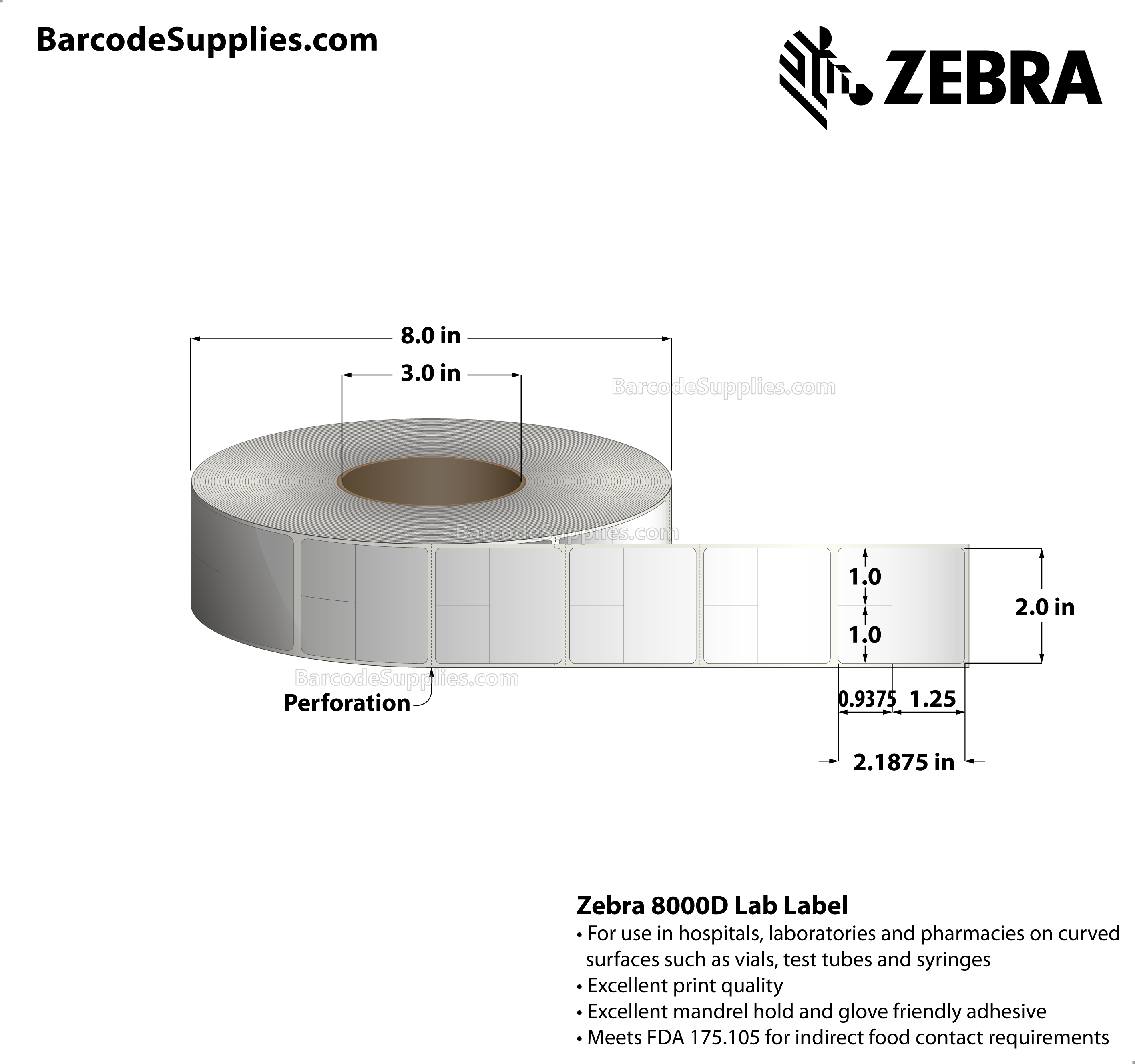 2 x 2.1875 Direct Thermal White 8000D Lab Labels With Permanent Adhesive - Slits through facestock create three labels: (2) 1x0.9375 labels and (2) 2x1.25 labels - Perforated - 1000 Labels Per Roll - Carton Of 4 Rolls - 4000 Labels Total - MPN: 10025476