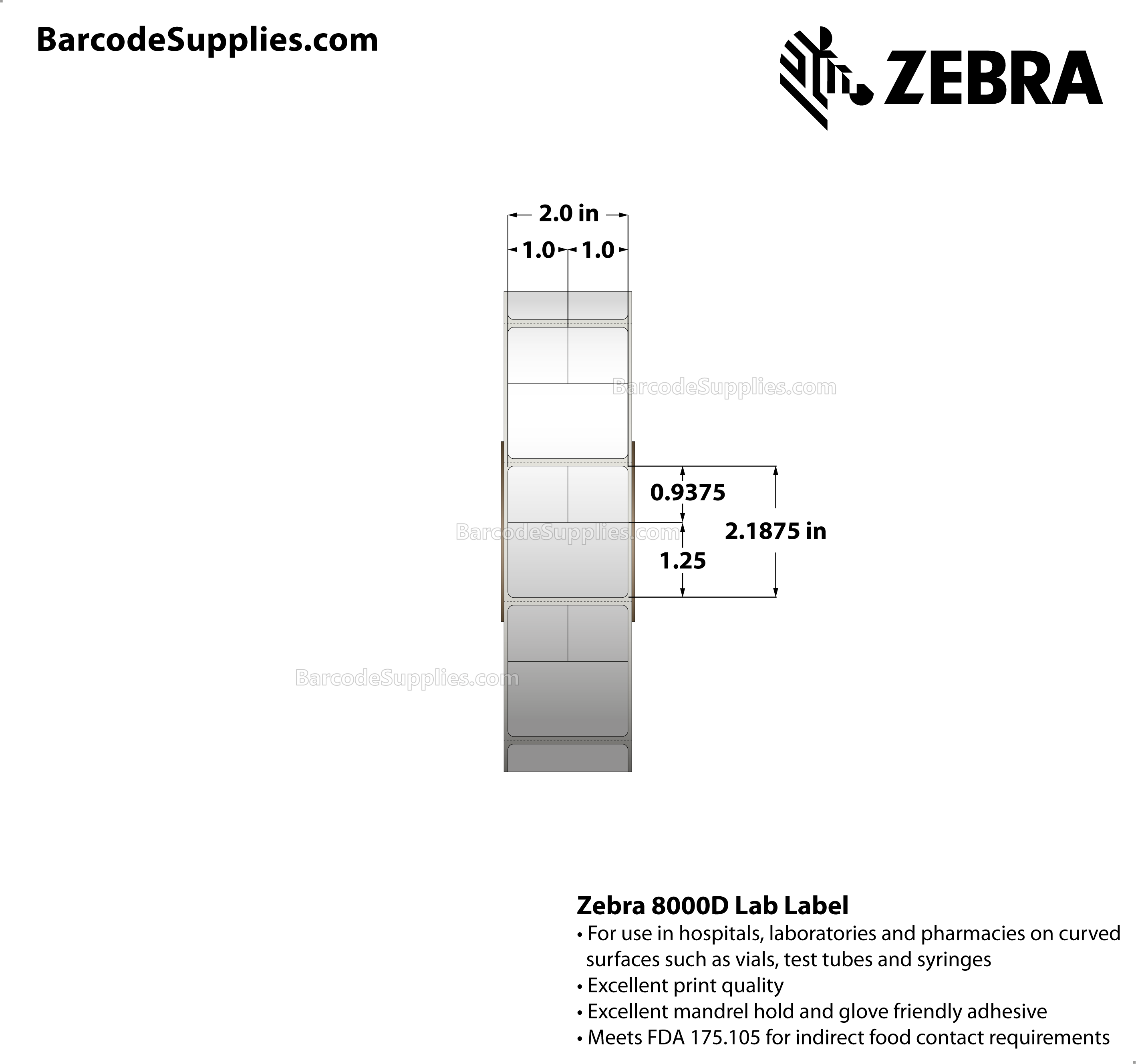 2 x 2.1875 Direct Thermal White 8000D Lab Labels With Permanent Adhesive - Slits through facestock create three labels: (2) 1x0.9375 labels and (2) 2x1.25 labels - Perforated - 1000 Labels Per Roll - Carton Of 4 Rolls - 4000 Labels Total - MPN: 10025476