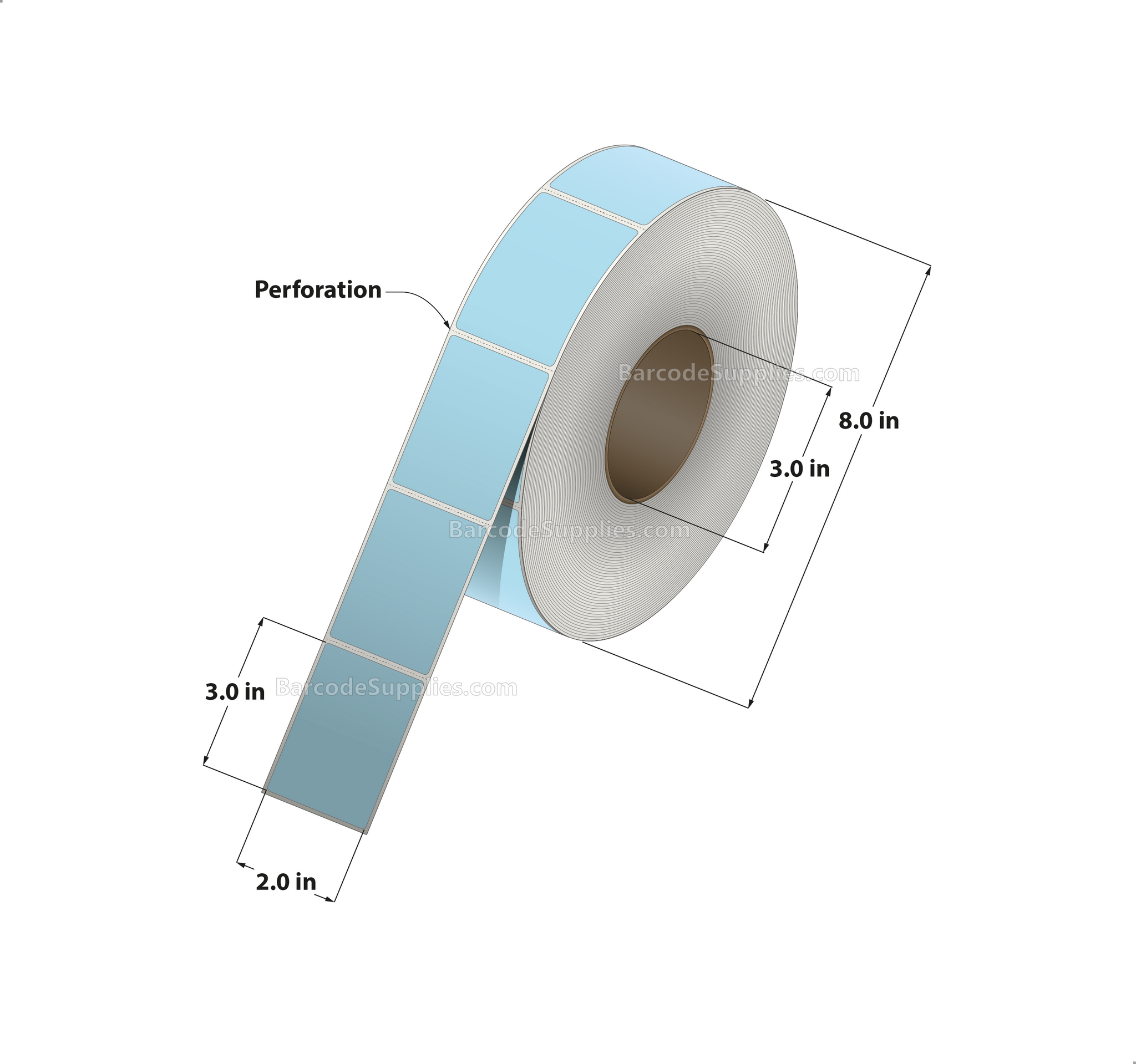 2 x 3 Thermal Transfer 290 Blue Labels With Permanent Adhesive - Perforated - 1900 Labels Per Roll - Carton Of 8 Rolls - 15200 Labels Total - MPN: RFC-2-3-1900-BL