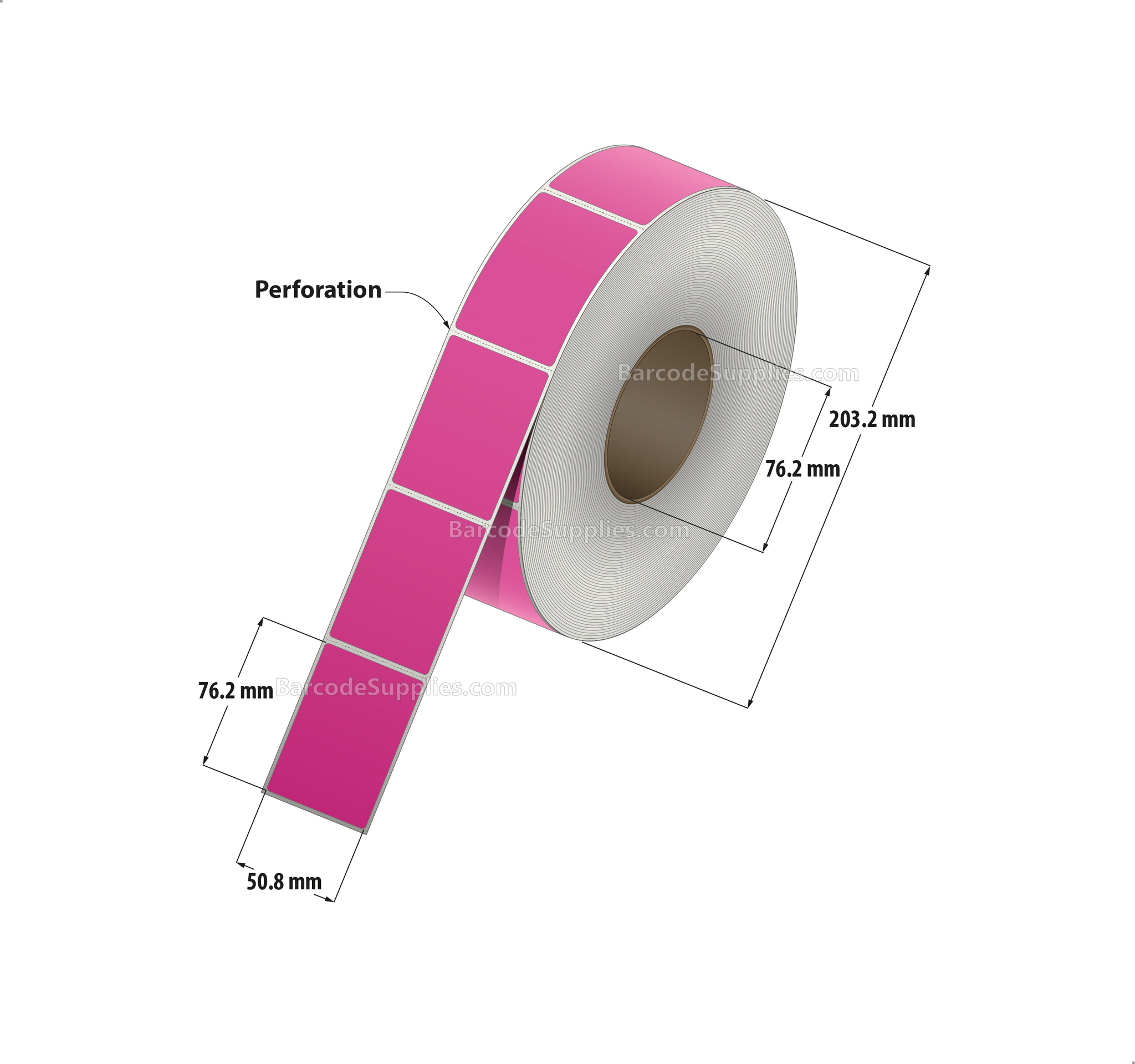 2 x 3 Thermal Transfer Fluorescent 806 Pink Labels With Permanent Adhesive - Perforated - 1900 Labels Per Roll - Carton Of 8 Rolls - 15200 Labels Total - MPN: FL-2-3-1900-PK