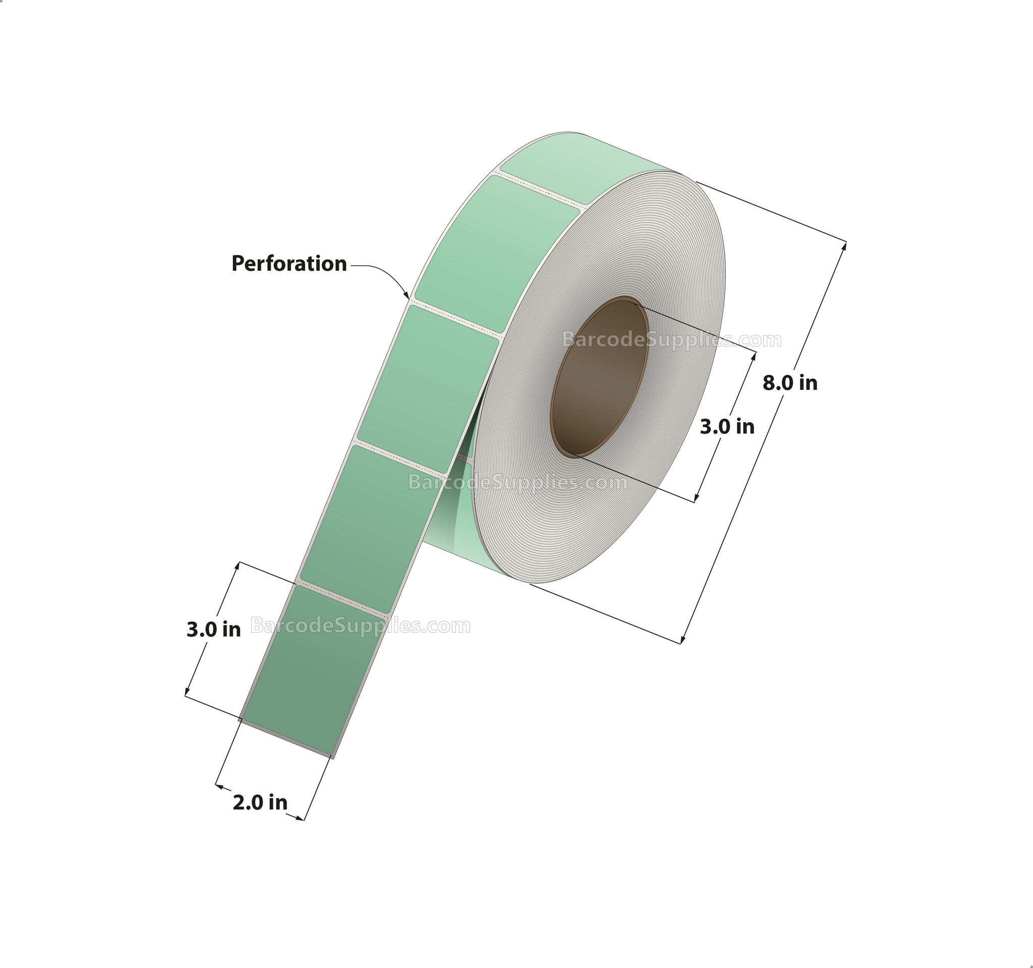 2 x 3 Thermal Transfer 345 Green Labels With Permanent Adhesive - Perforated - 1900 Labels Per Roll - Carton Of 8 Rolls - 15200 Labels Total - MPN: RFC-2-3-1900-GR
