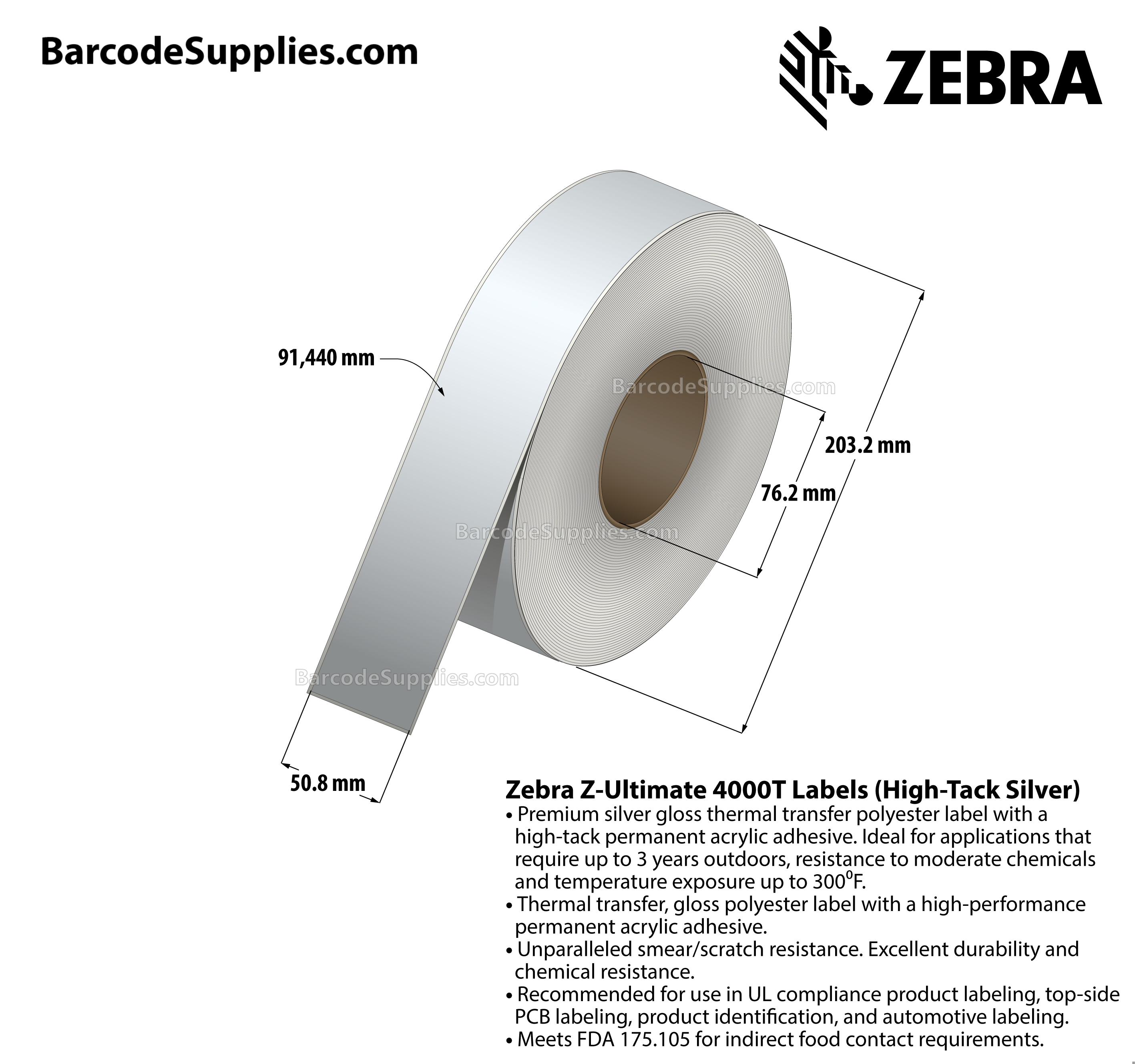 Products 2 x 300' Thermal Transfer Silver Z-Ultimate 4000T High-Tack Silver Labels With High-tack Adhesive - Continuous - Labels Per Roll - Carton Of 1 Rolls - 0 Labels Total - MPN: 10023353